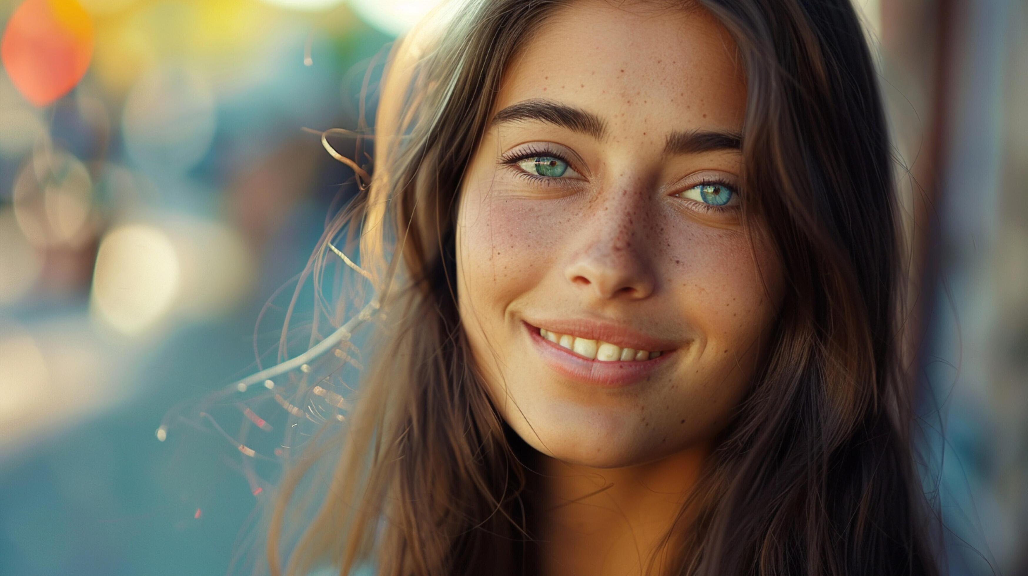 young woman with long brown hair smiling Stock Free