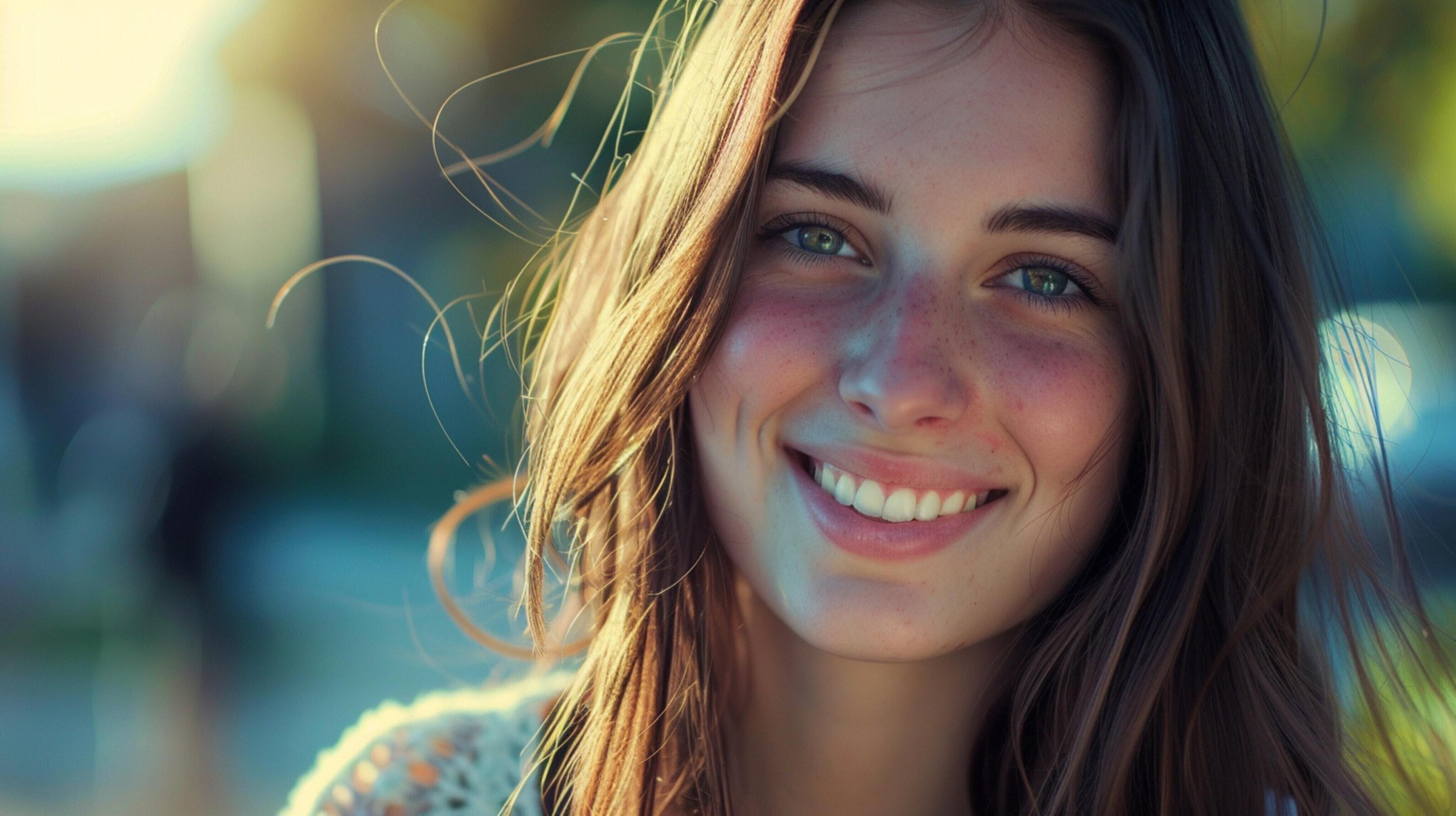 young woman with long brown hair smiling Stock Free