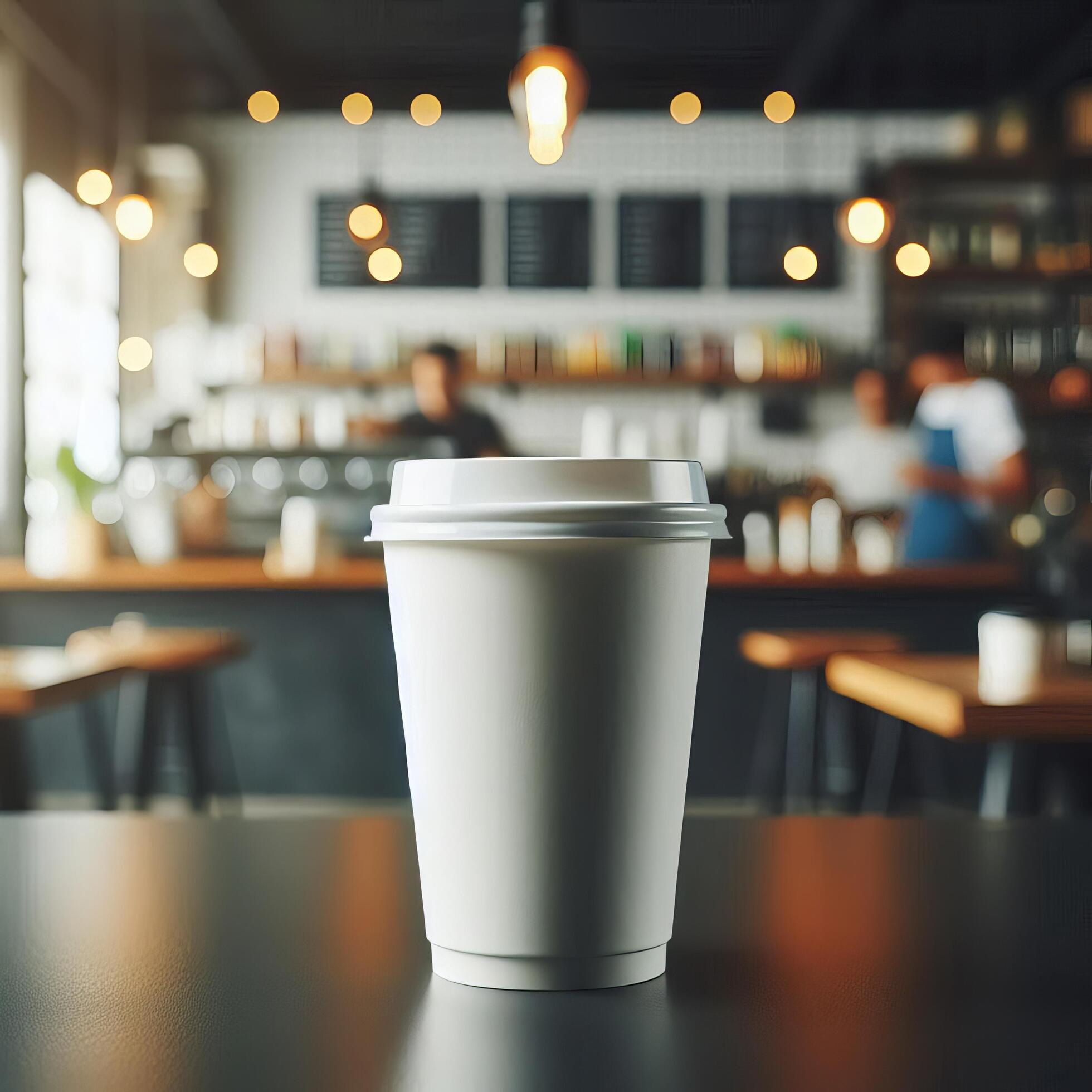 Vibrant Takeaway Cup in Various Colors with a Blurred Coffee Shop Background for Mockup and Branding Use Stock Free