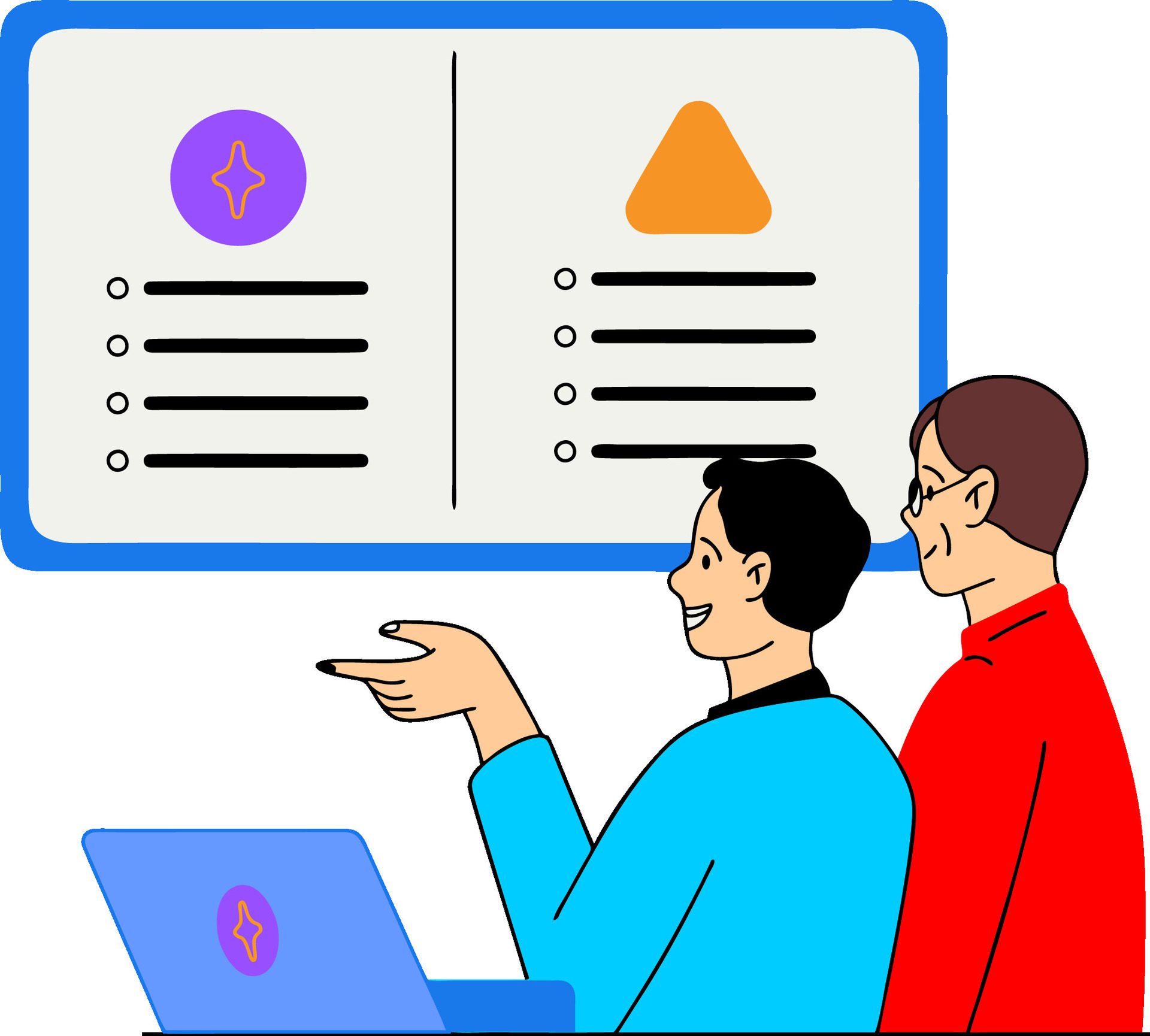 two people are looking at a computer screen with a list of items Free Vector