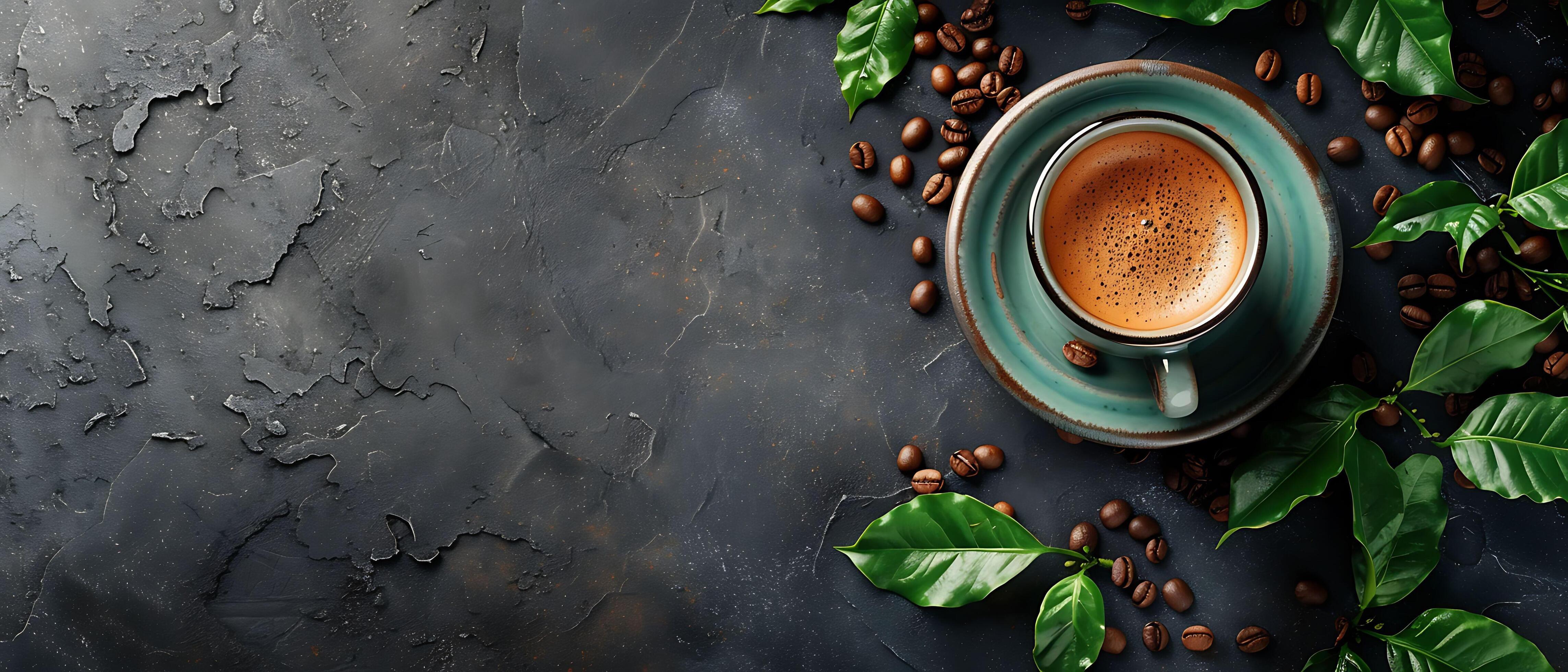 Rustic Vintage Coffee Cup and Scattered Beans on Dark Stone Background with Copy Space for Nostalgic Feel Stock Free