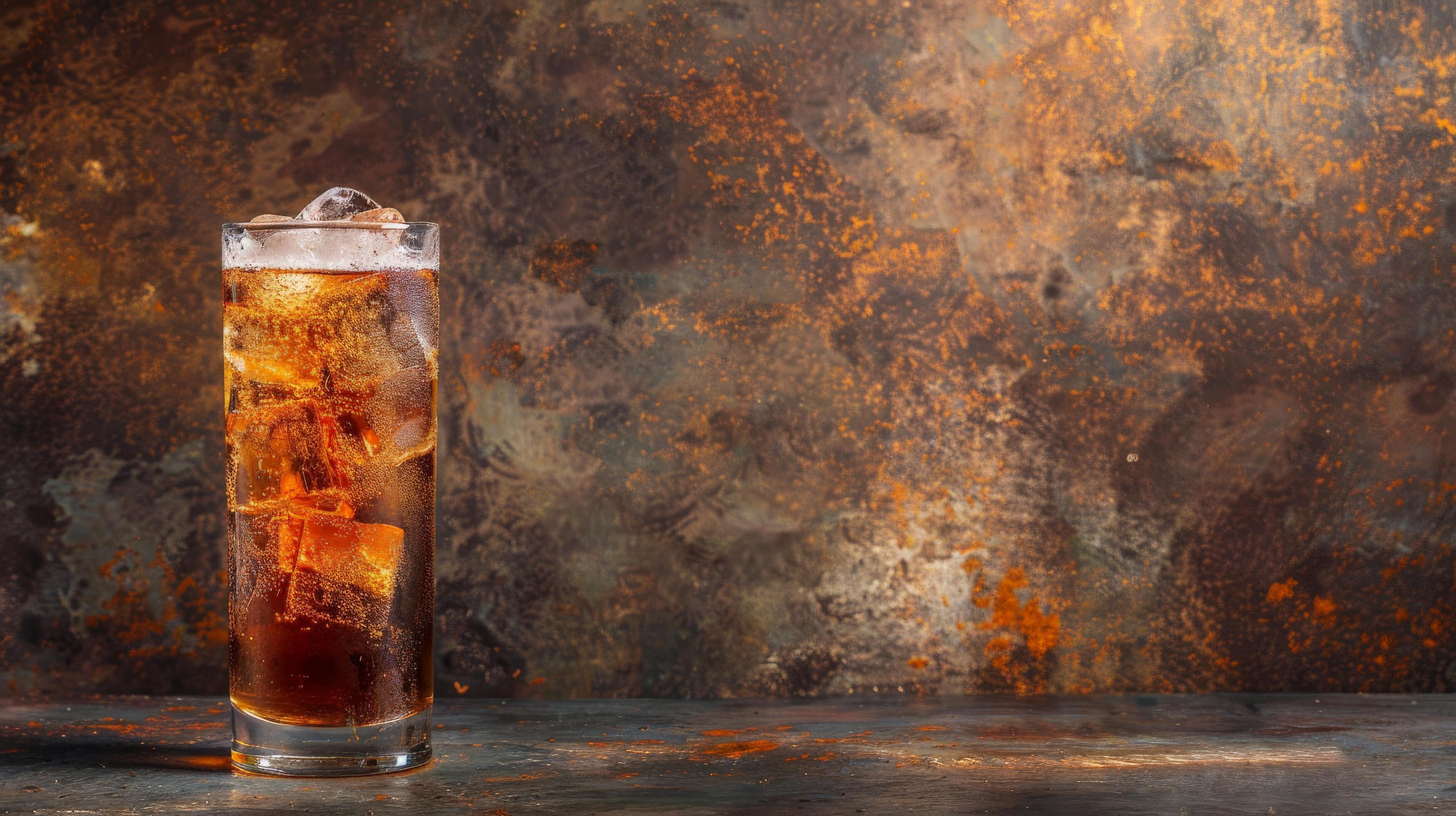 A tall glass of root beer with ice, on a rusty, textured background Stock Free