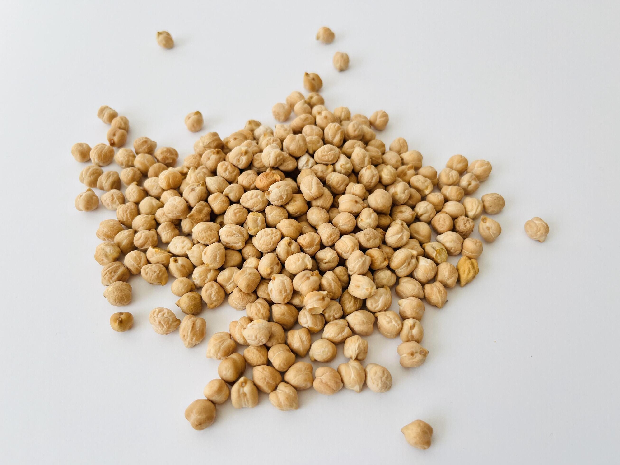 Raw dry chickpea on white background. Traditional ingredient for cooking hummus. Middle Eastern and Mediterranean cuisine. Selected focused Stock Free