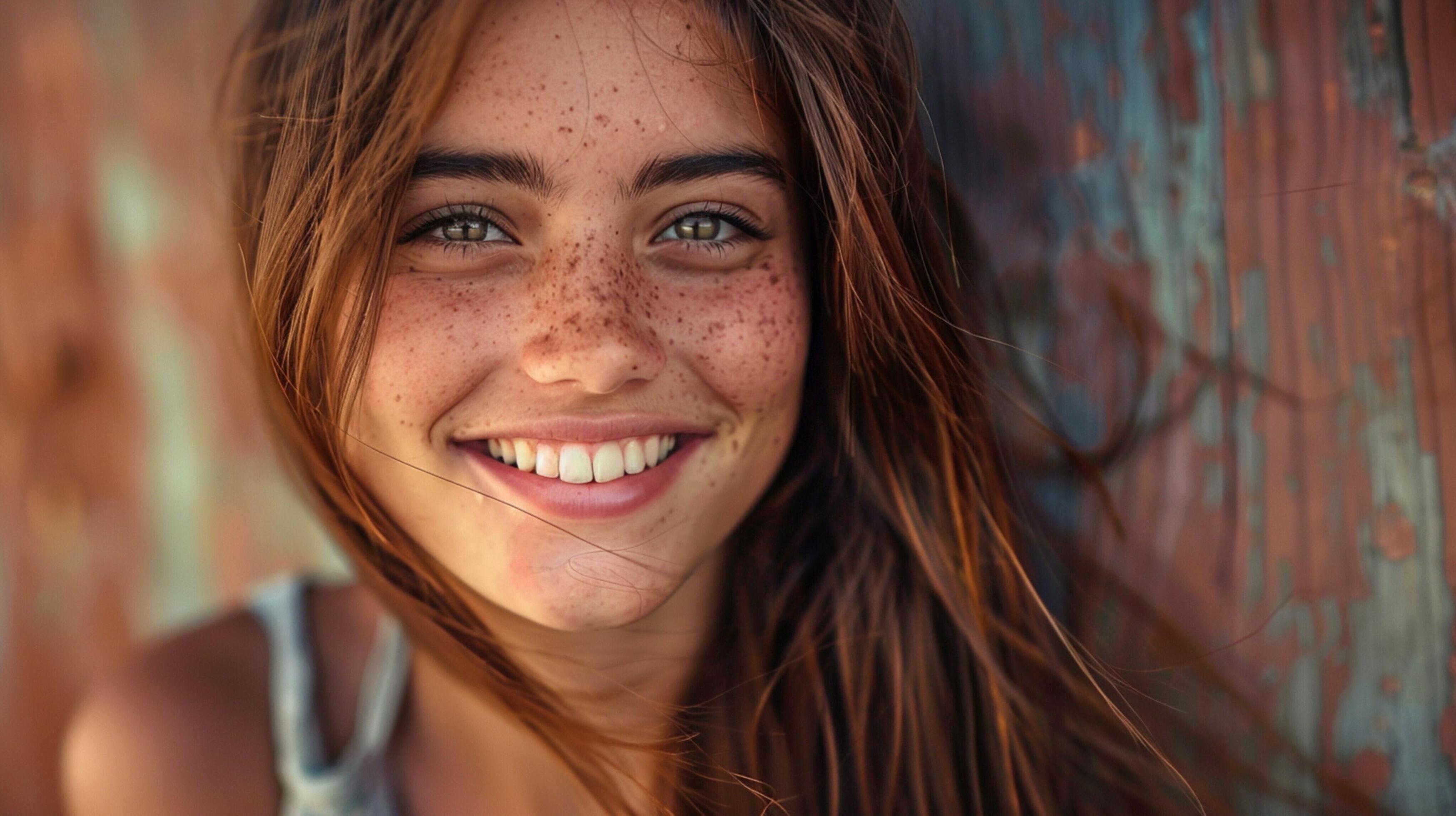 young woman with long brown hair smiling Stock Free