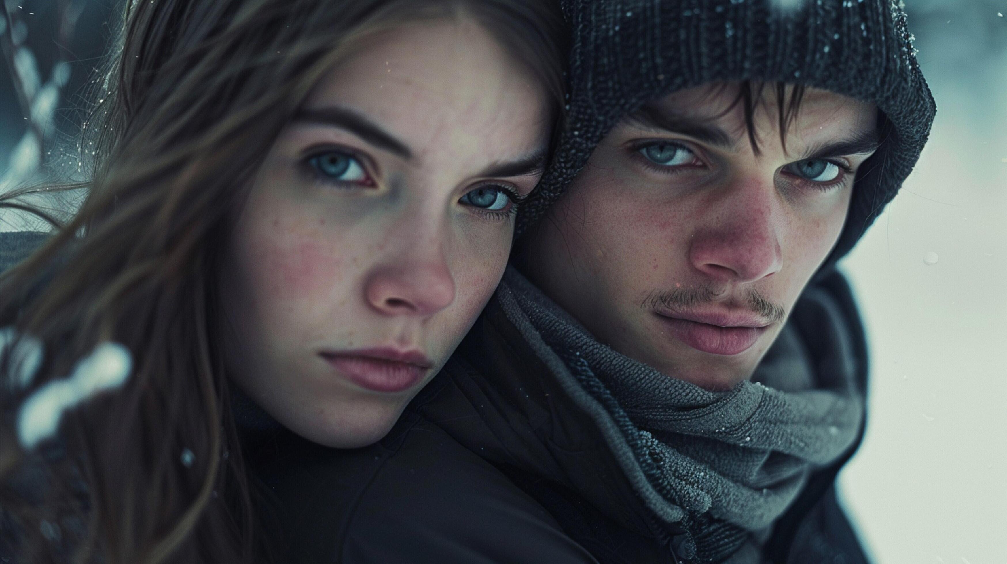 young couple in hooded shirts looking at camera Stock Free