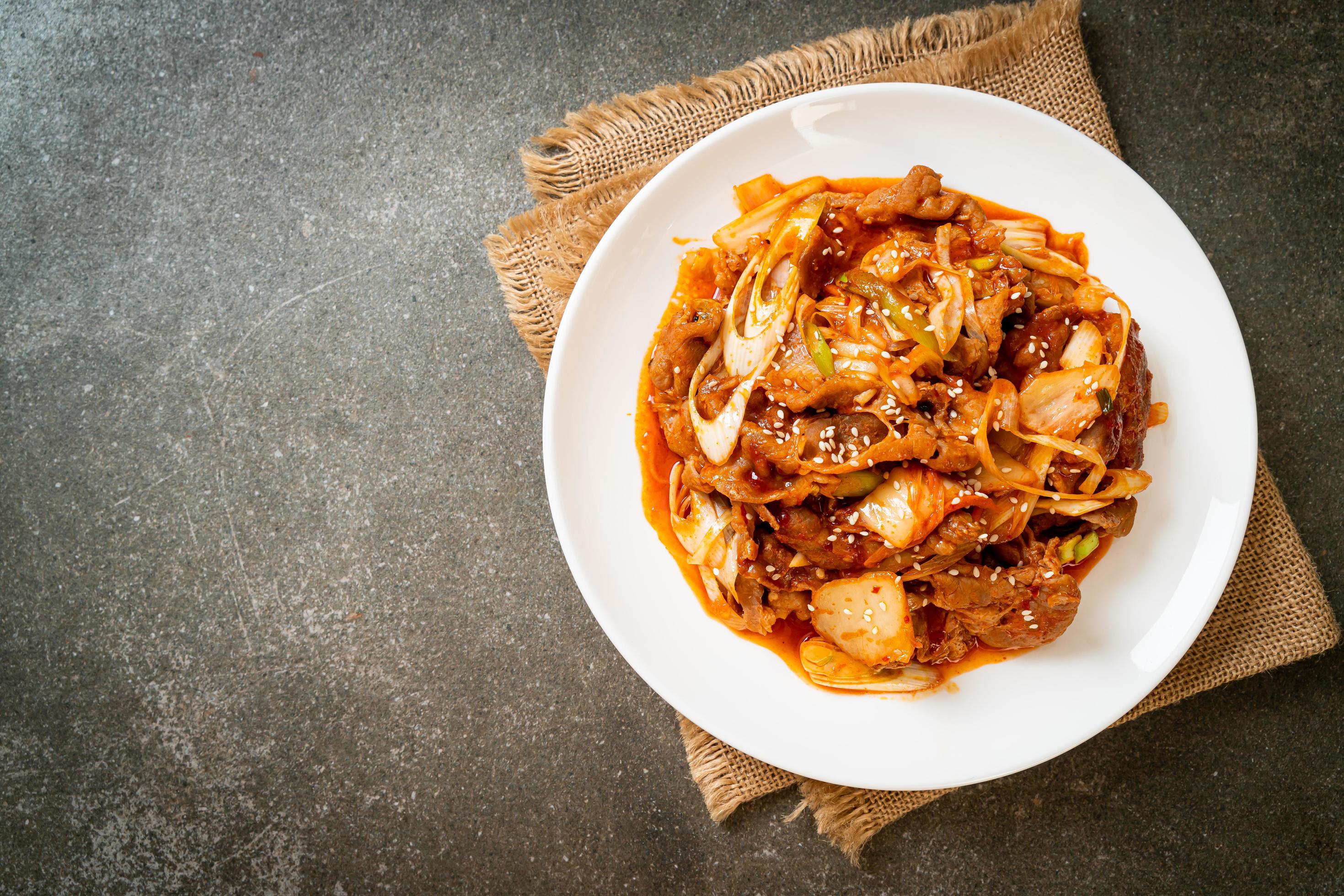 Stir-fried pork with Korean spicy paste and kimchi – Korean food style Stock Free