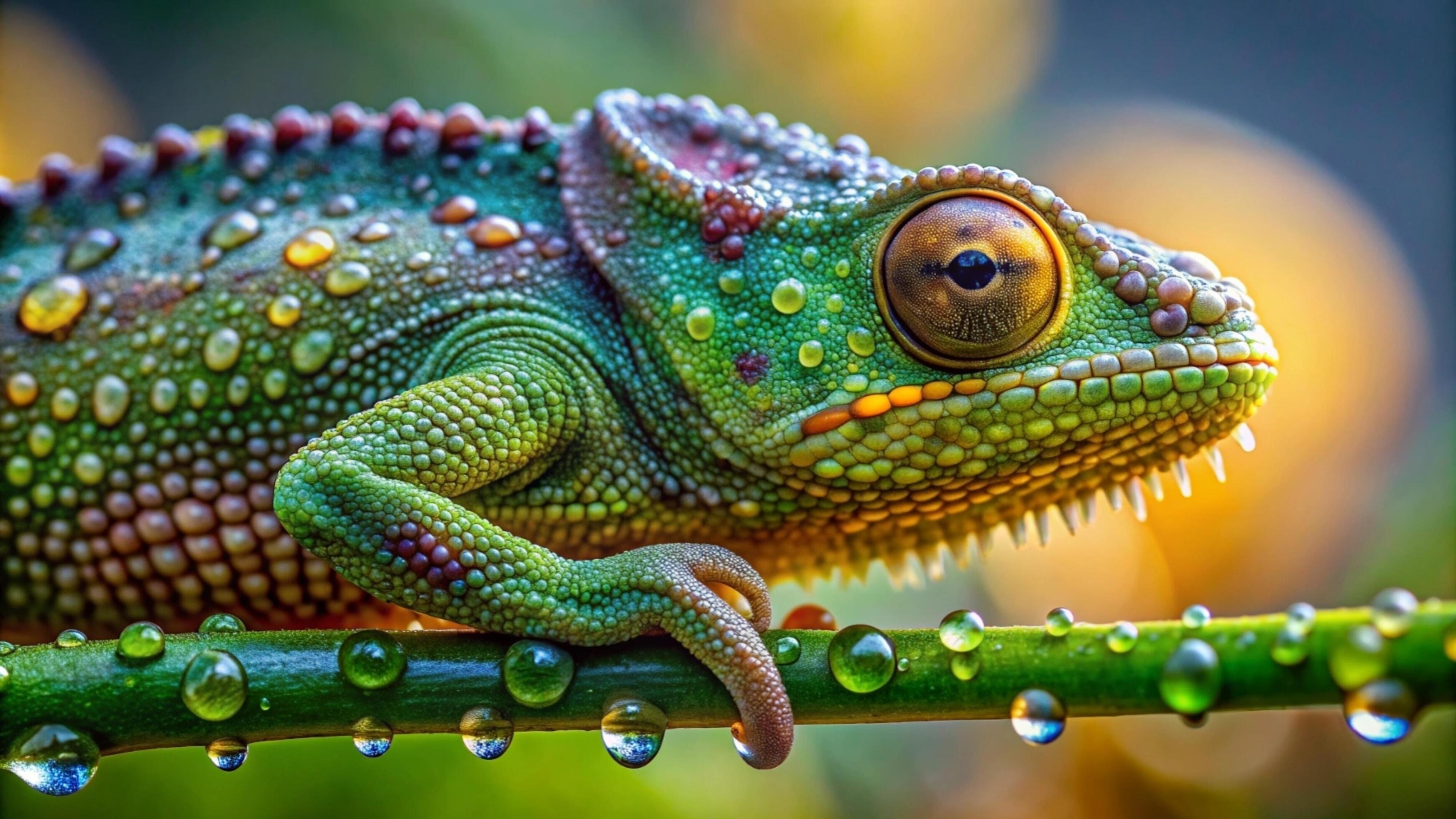 A vibrant chameleon camouflaging against a lush green forest background. Stock Free