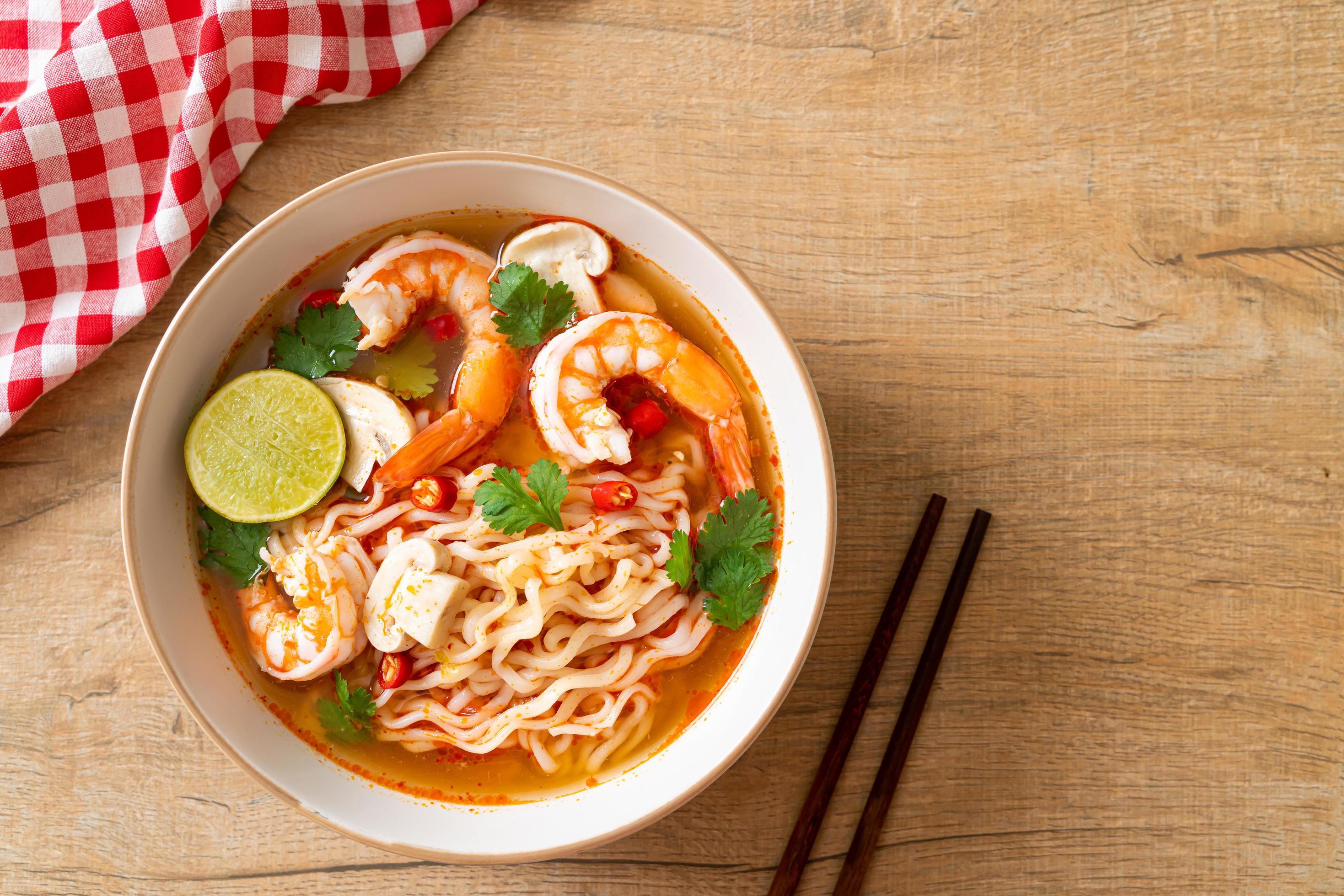 
									Instant noodles ramen in spicy soup with shrimps, or Tom Yum Kung – Asian food style Stock Free