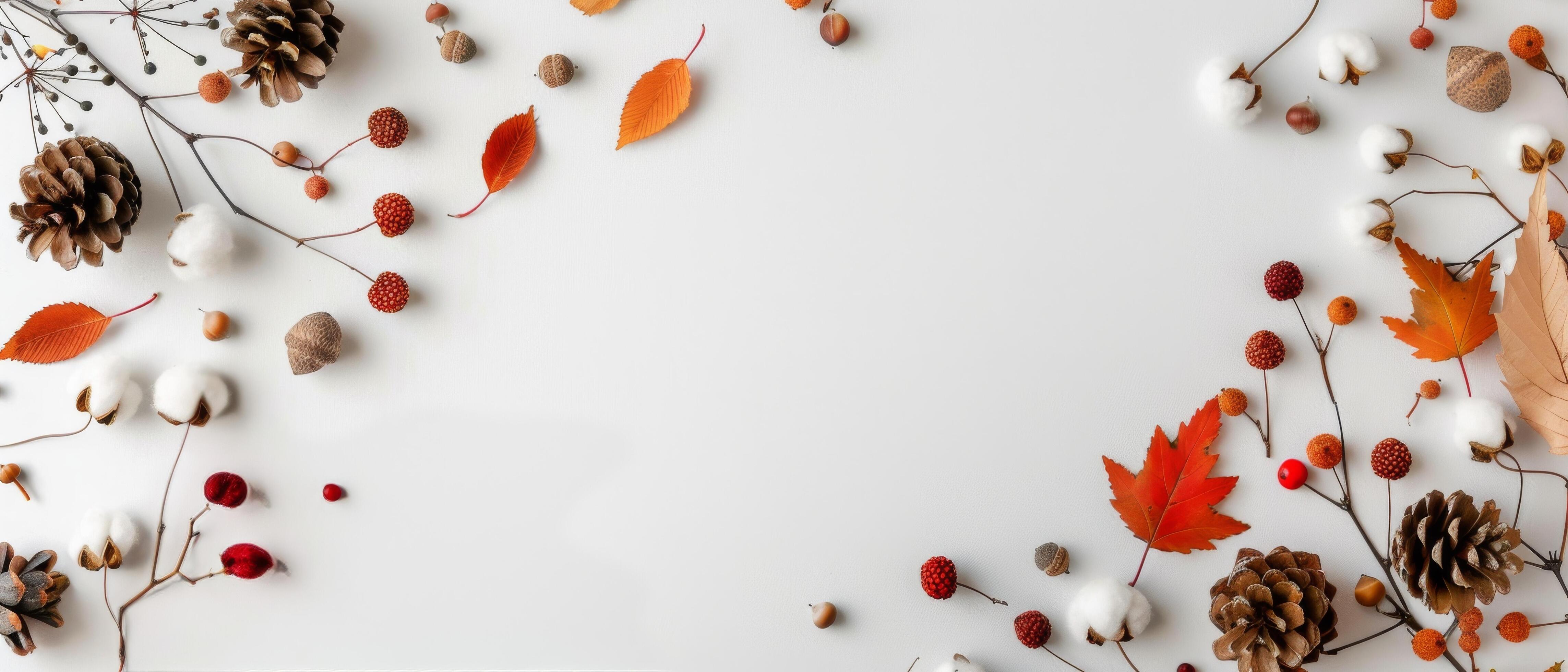 Fall Foliage and Cotton Bolls on White Background Stock Free