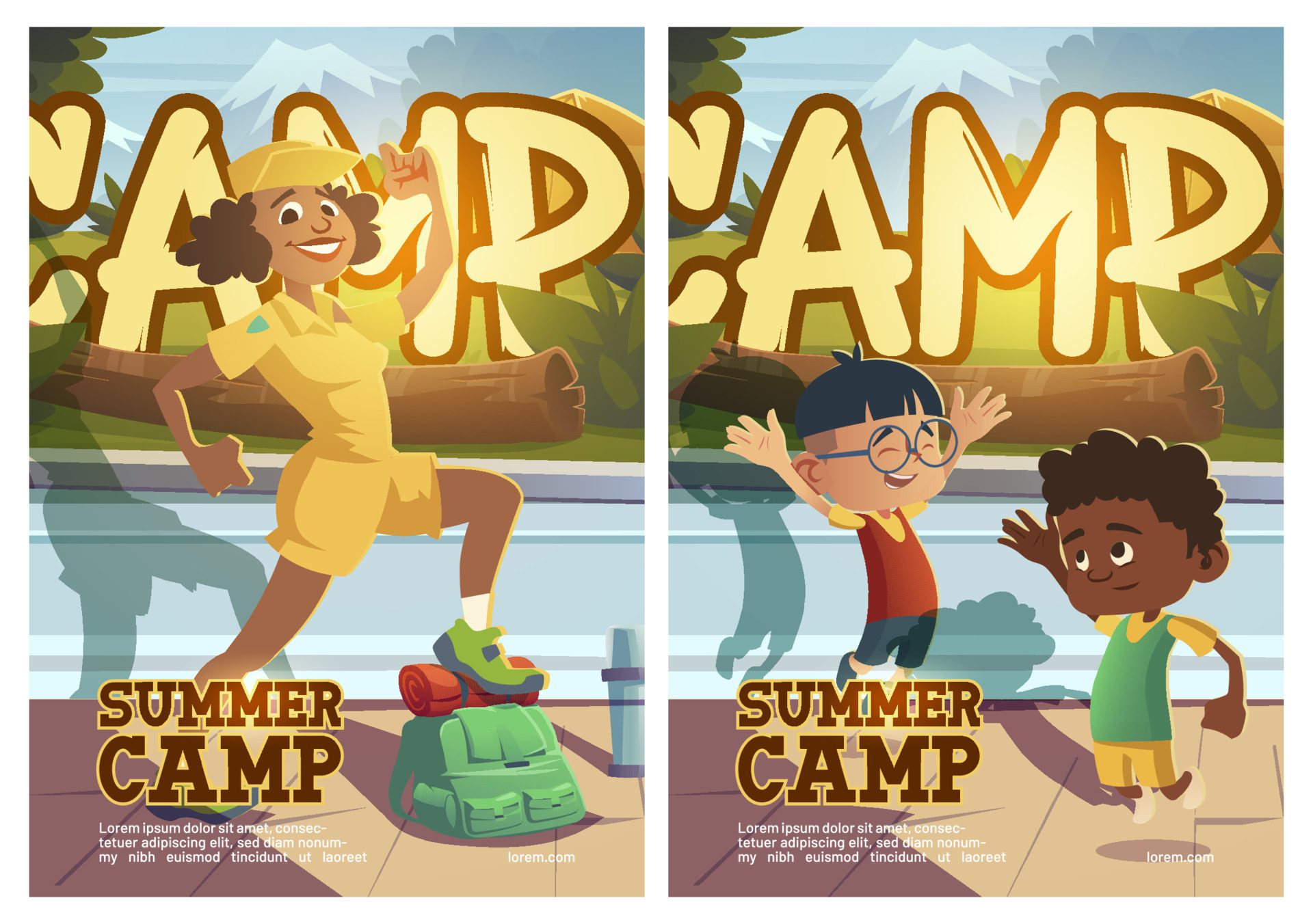 Summer camp poster with people going to hike Free Vector