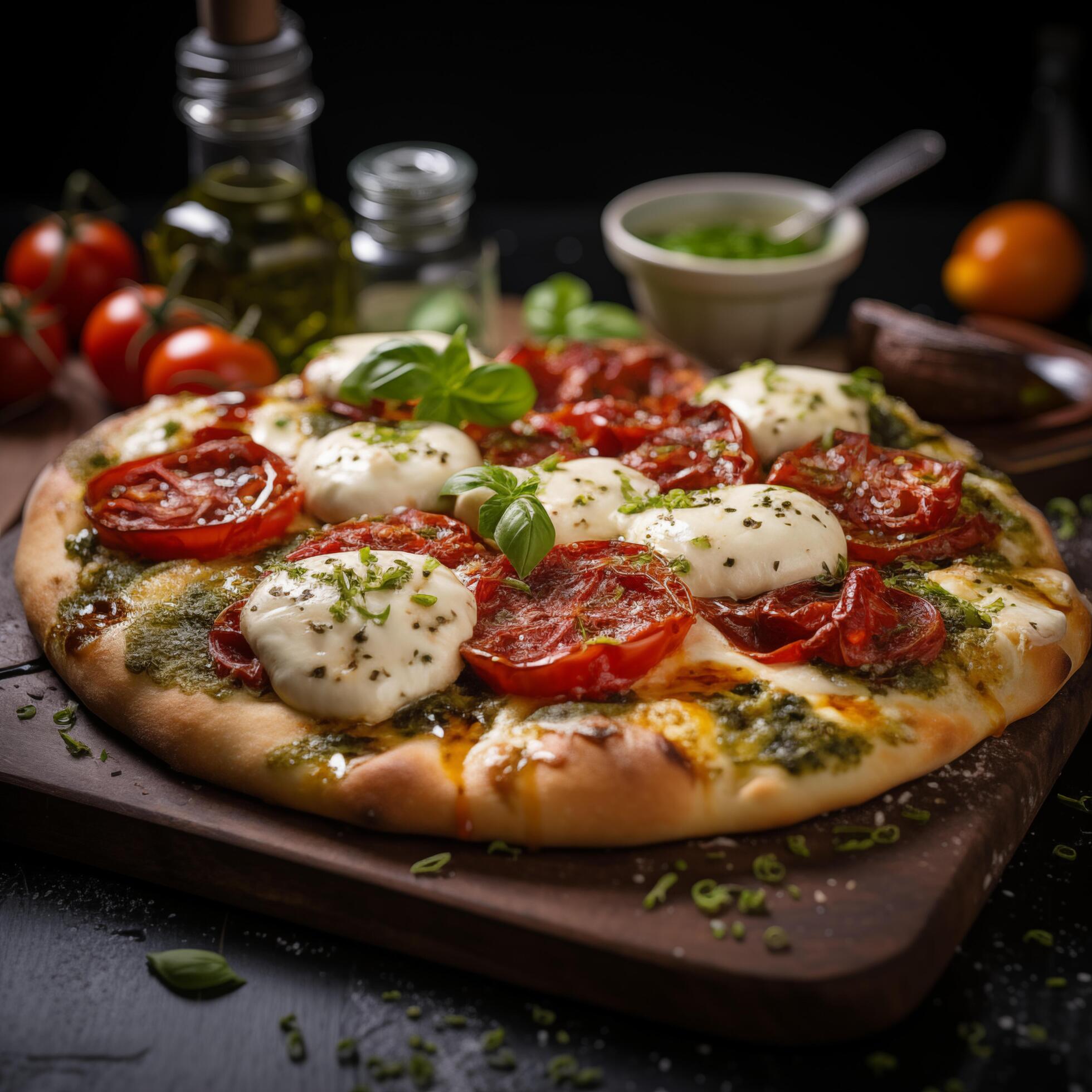 Side view of Italian pizza with pesto, tomatoes and mozzarella, black background. Photo for restaurant menu, advertising, delivery, banner Stock Free