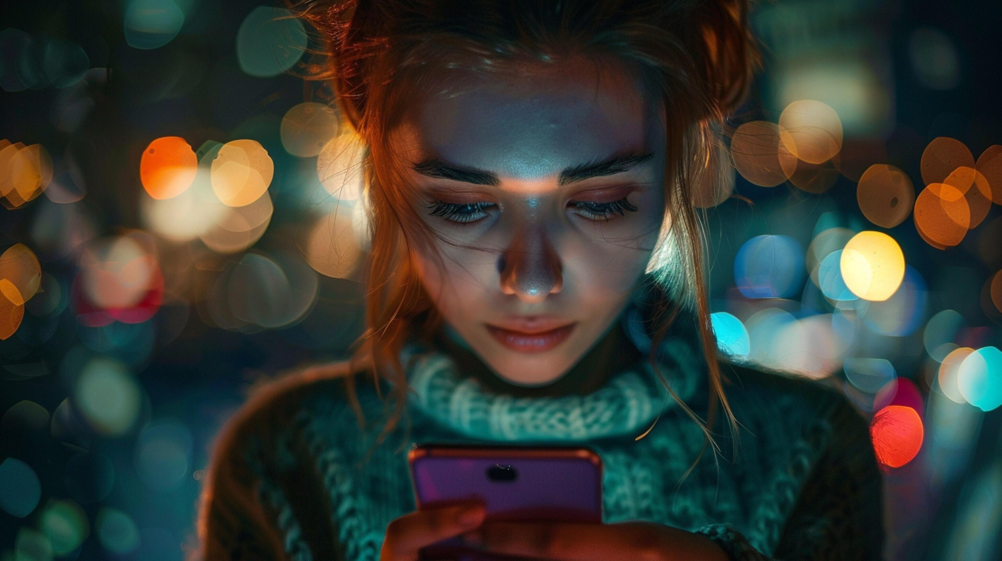 young woman illuminated night texting on phone Stock Free