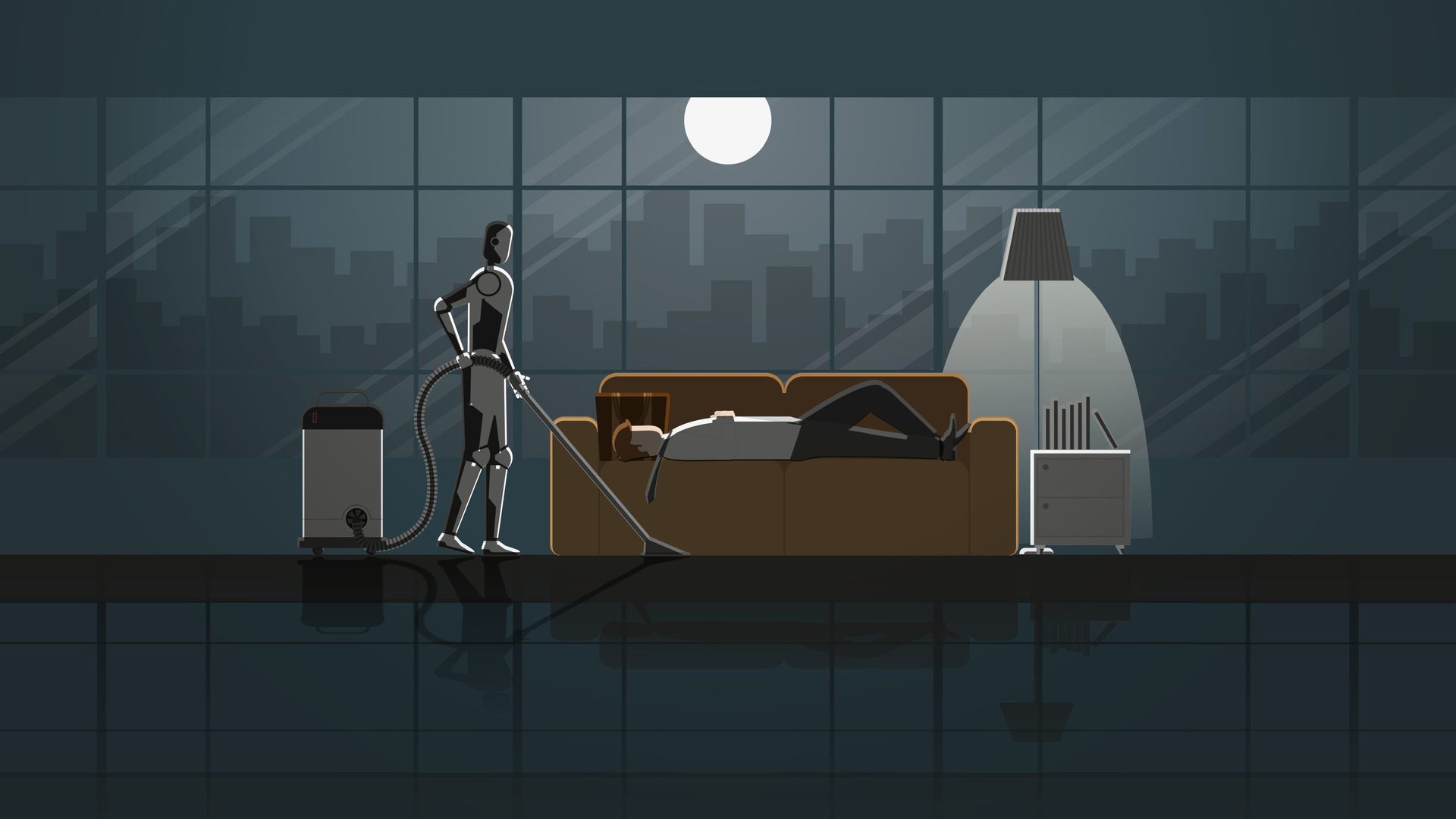 Robot clean and work as maid in the house for 24 hours in the dark and full moonlight with people. Free Vector