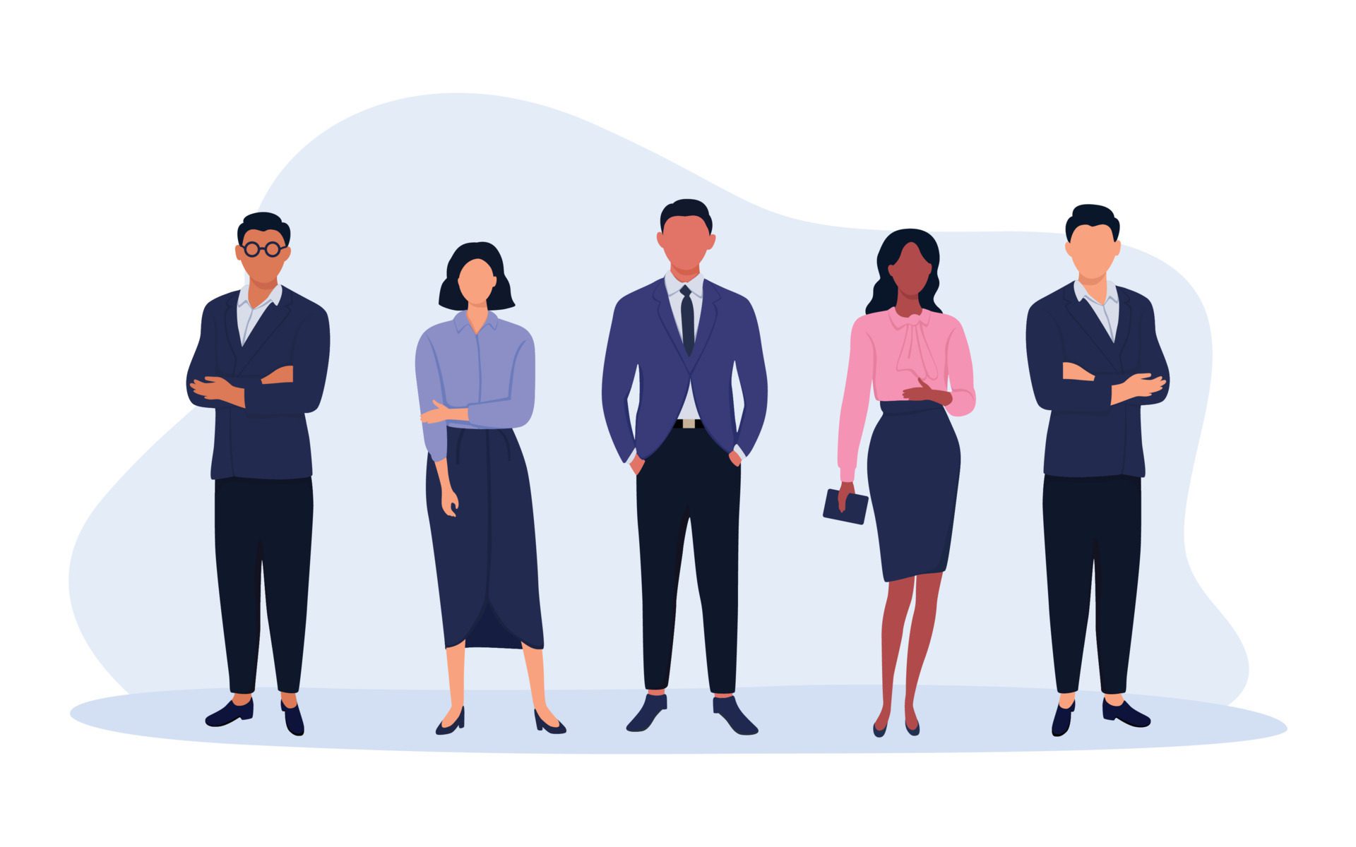 Business team ready to work. Office employee in tidy clothes. Vector illustration. Characters in flat design. Group of office workers in flat cartoon style. Pro Vector