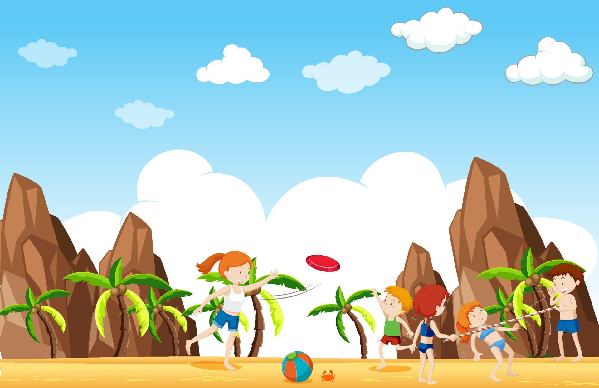 Tropical beach scene with people Free Vector