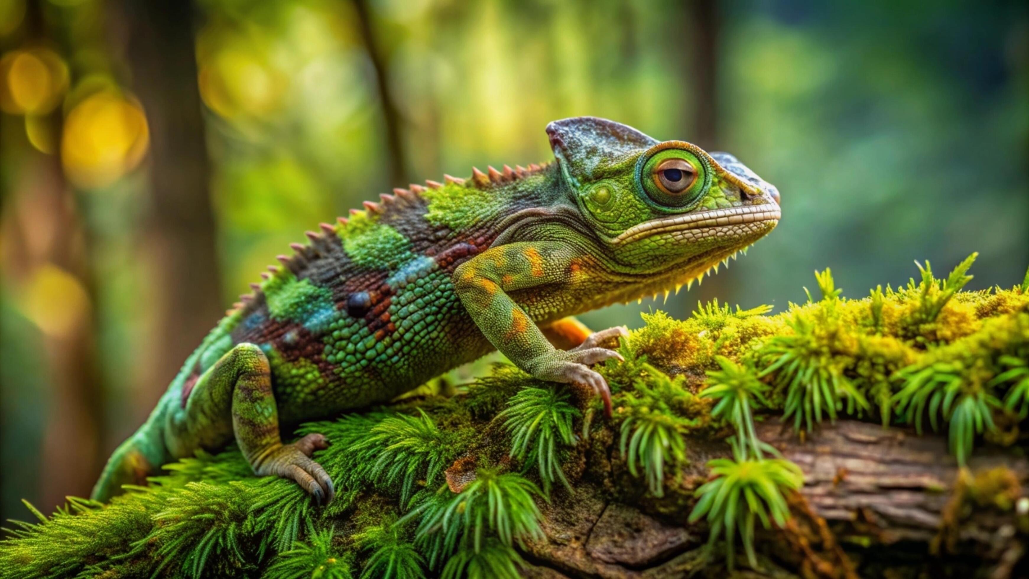 A vibrant chameleon camouflaging against a lush green forest background. Stock Free