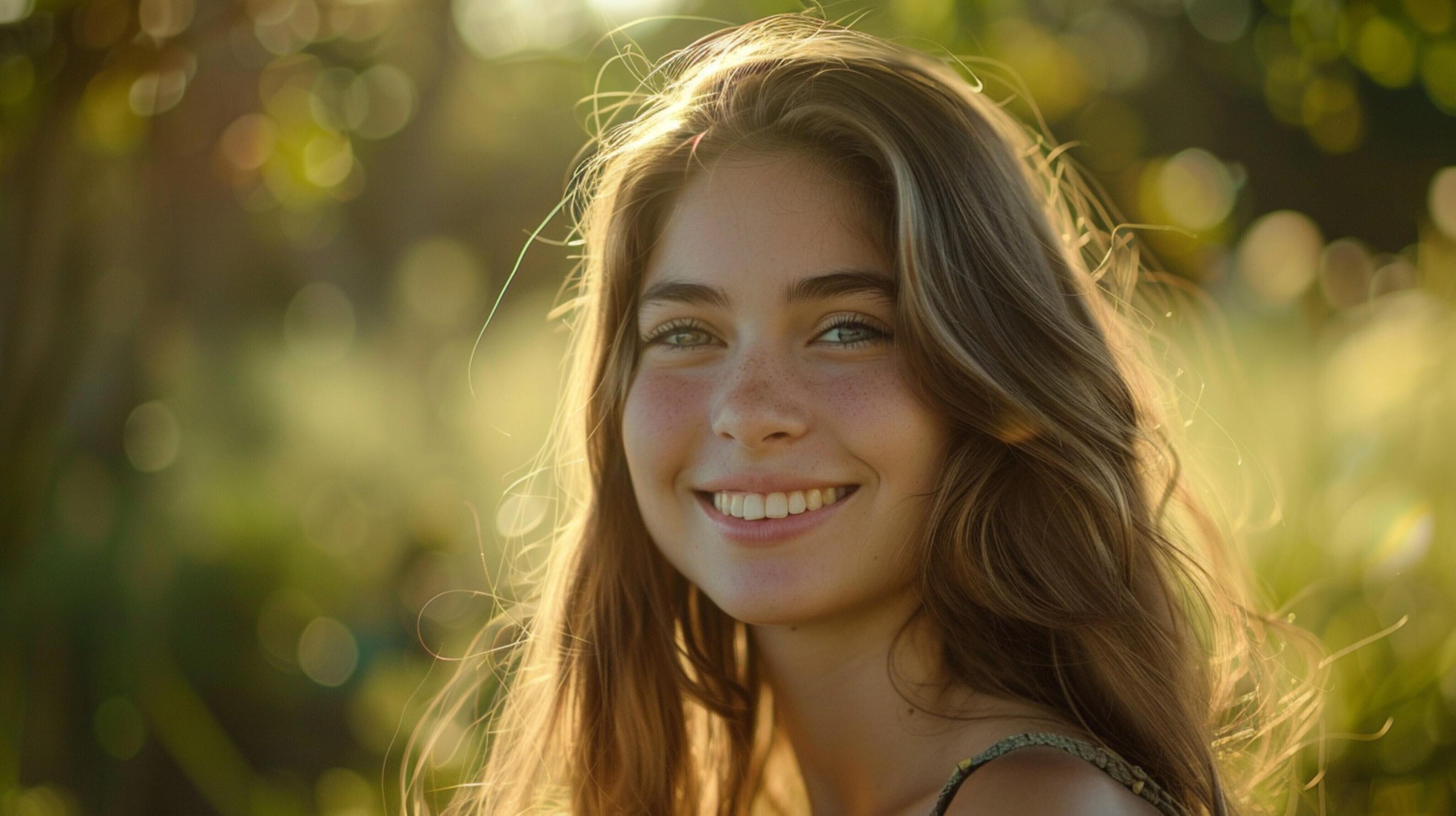 young woman with long brown hair smiling Stock Free