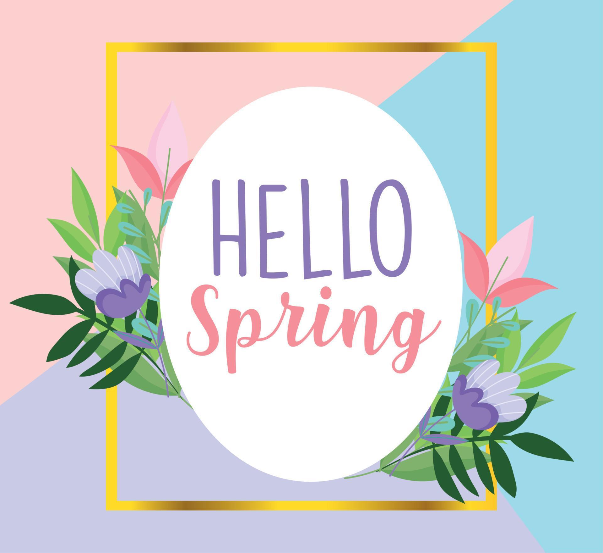 hello spring, arrangement flowers leaves invitation badge Stock Free