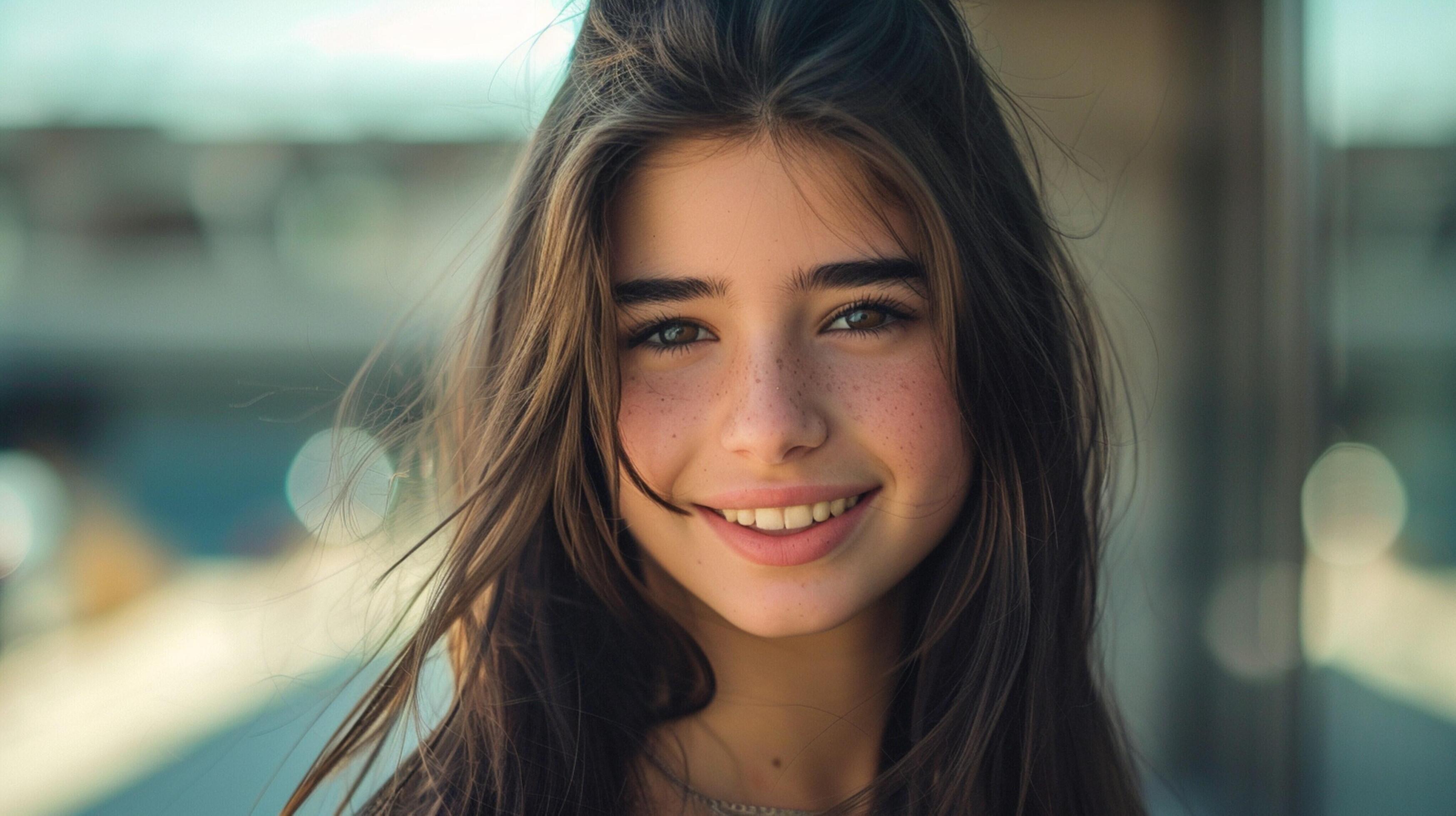 young woman with long brown hair smiling Stock Free