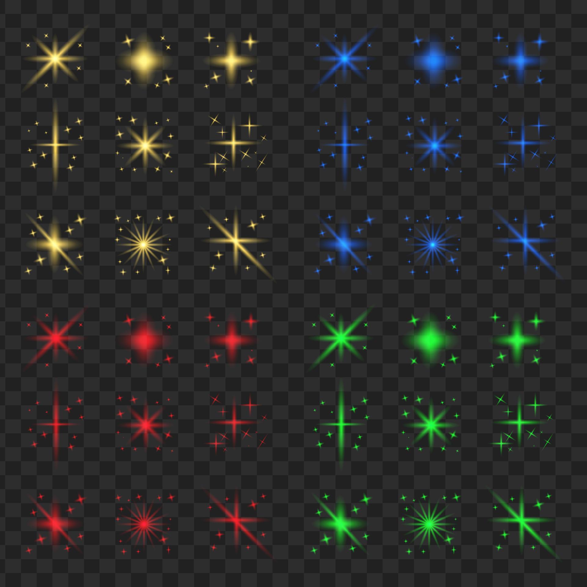 realistic illustration shiny stars, sparkle stars, glitter stars in blue, yellow, red, and green color Stock Free