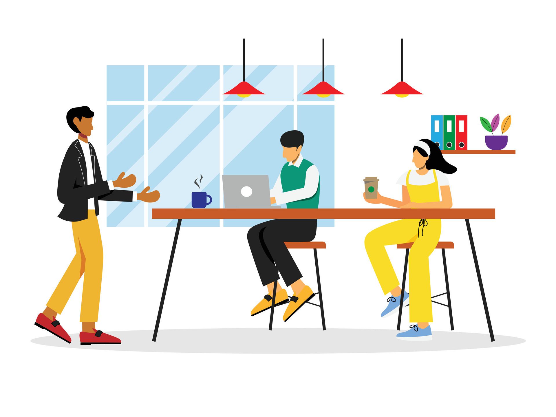 young people man and woman working on laptop at coworking space concept illustration Free Vector