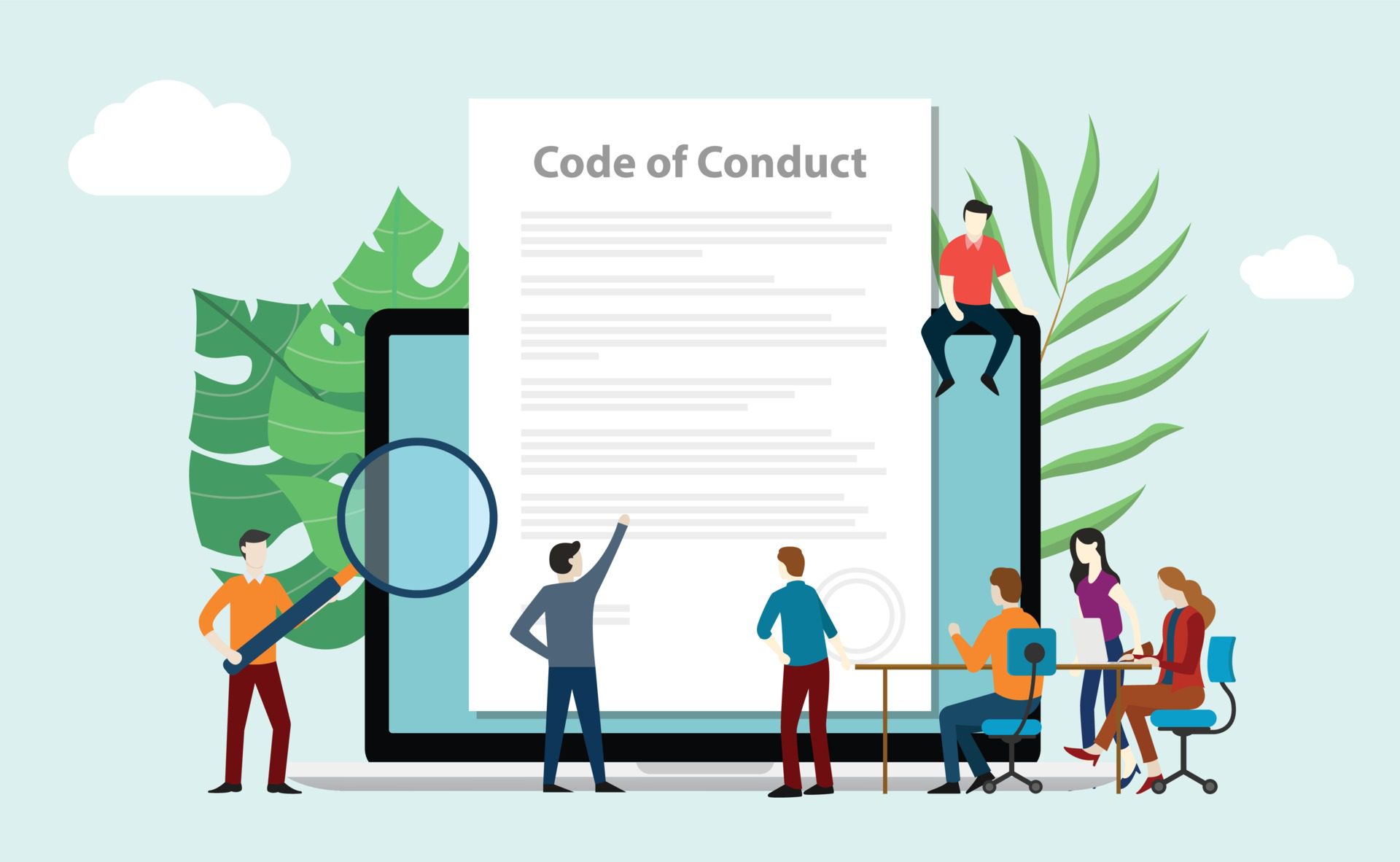 code of conduct team people work together on paper Free Vector