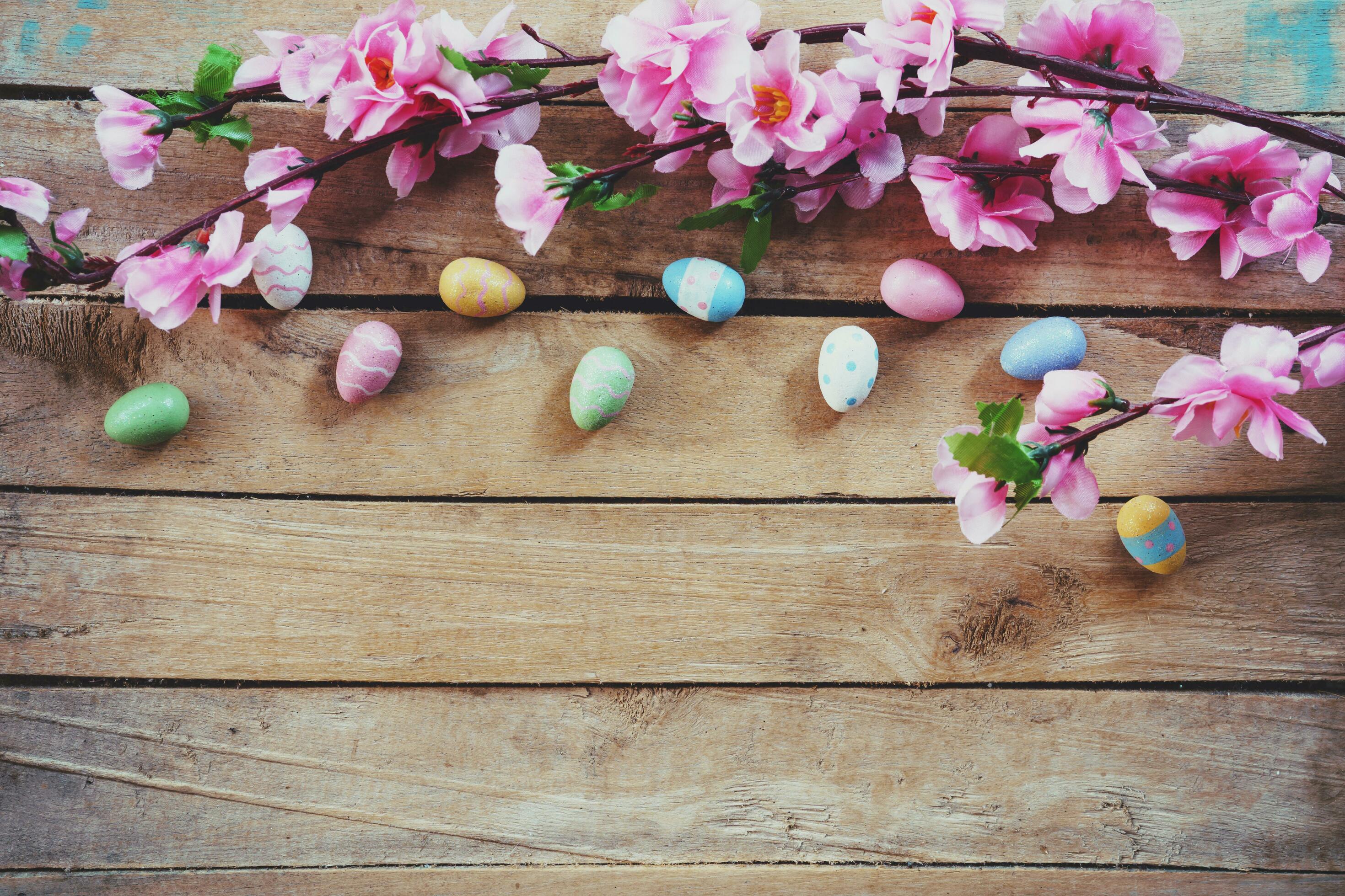 Cherry blossom Artificial flowers and easter egg on vintage wooden background with copy space. Stock Free