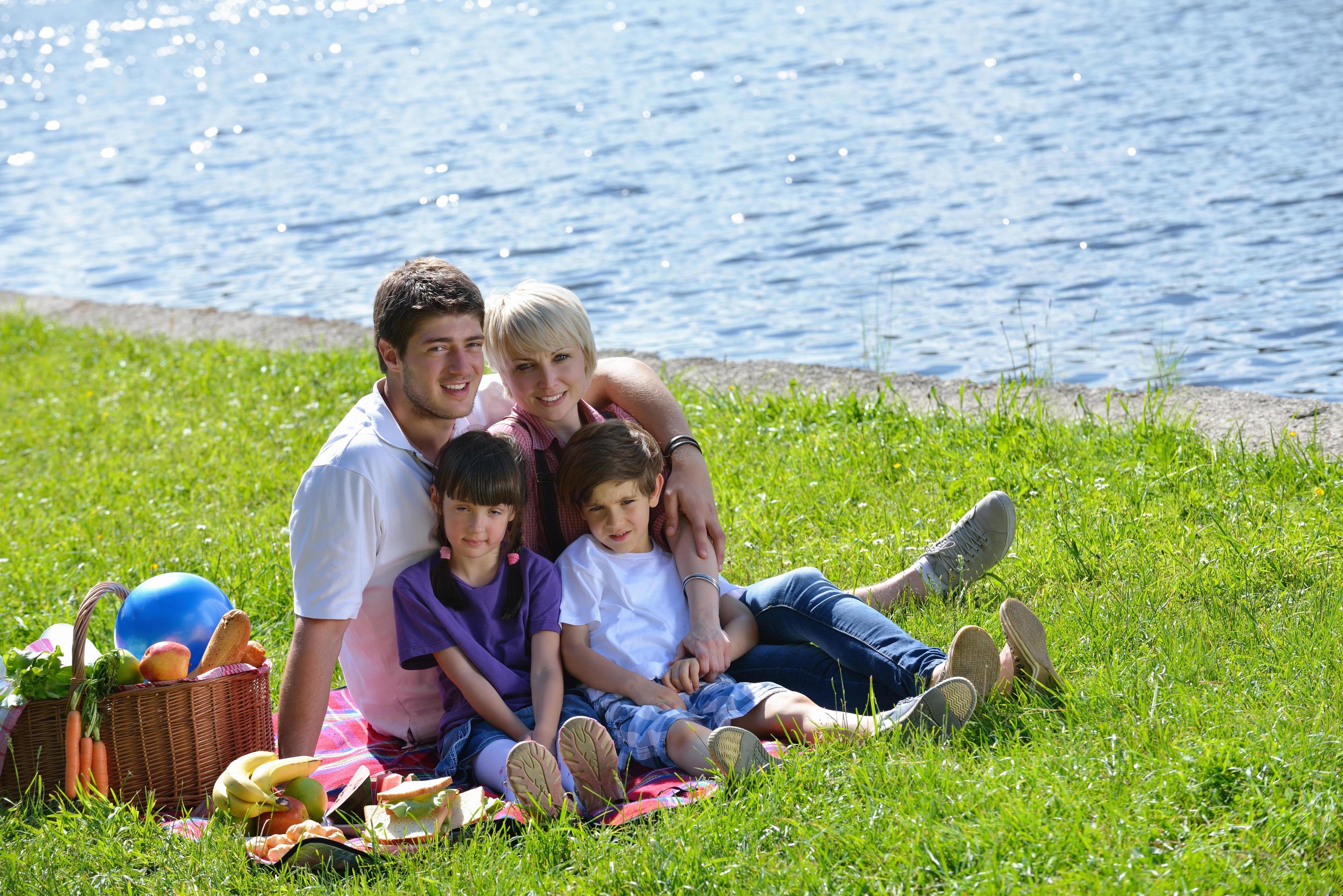 Happy family playing together in a picnic outdoors Stock Free