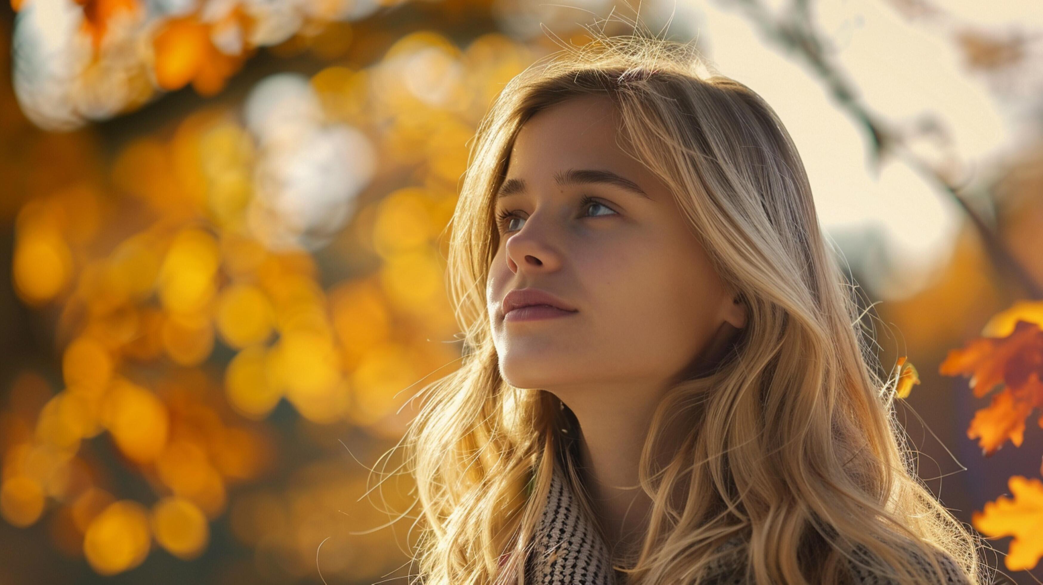 young woman with long blond hair enjoying autumn Stock Free