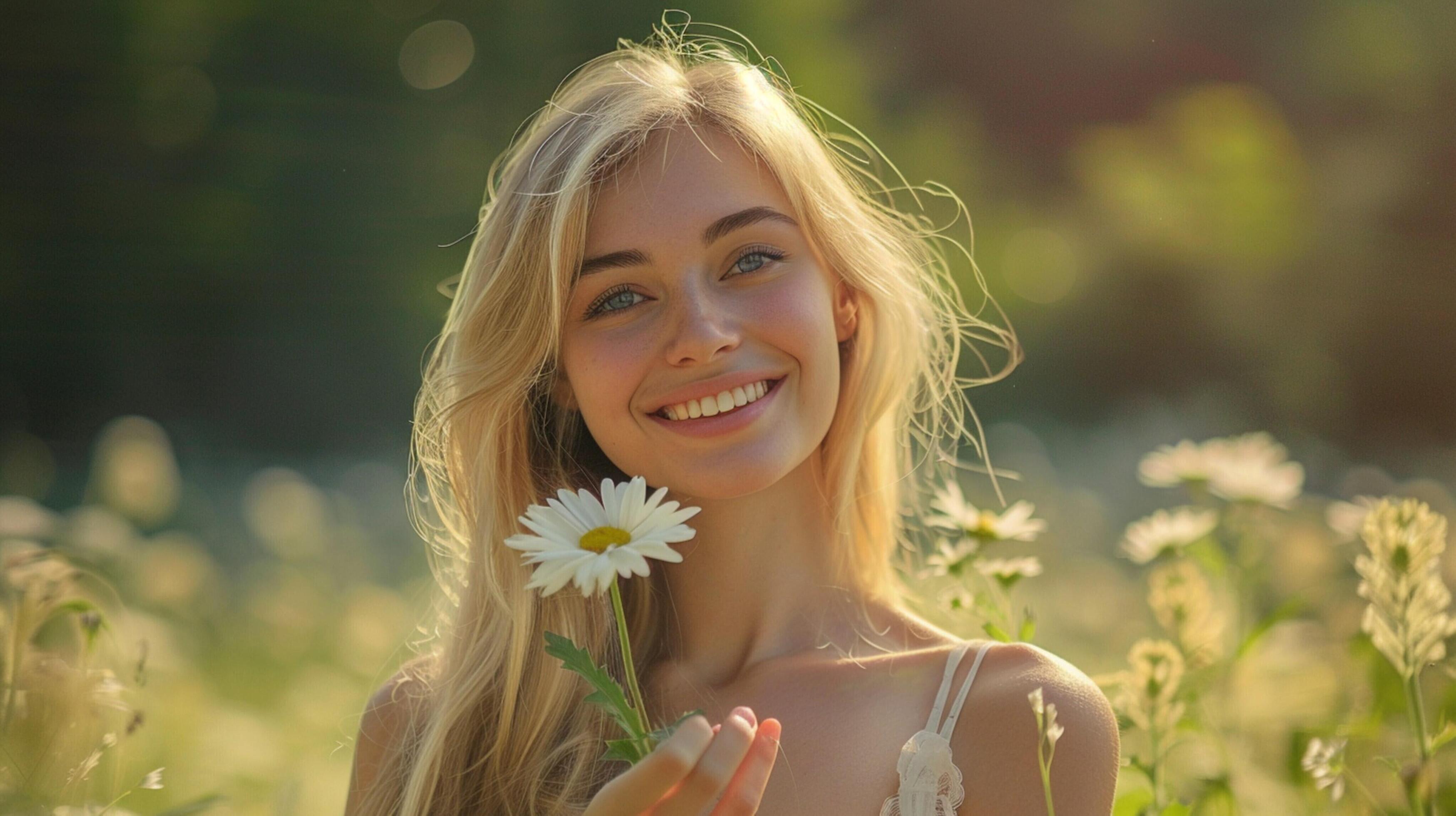 young woman with long blond hair smiling Stock Free