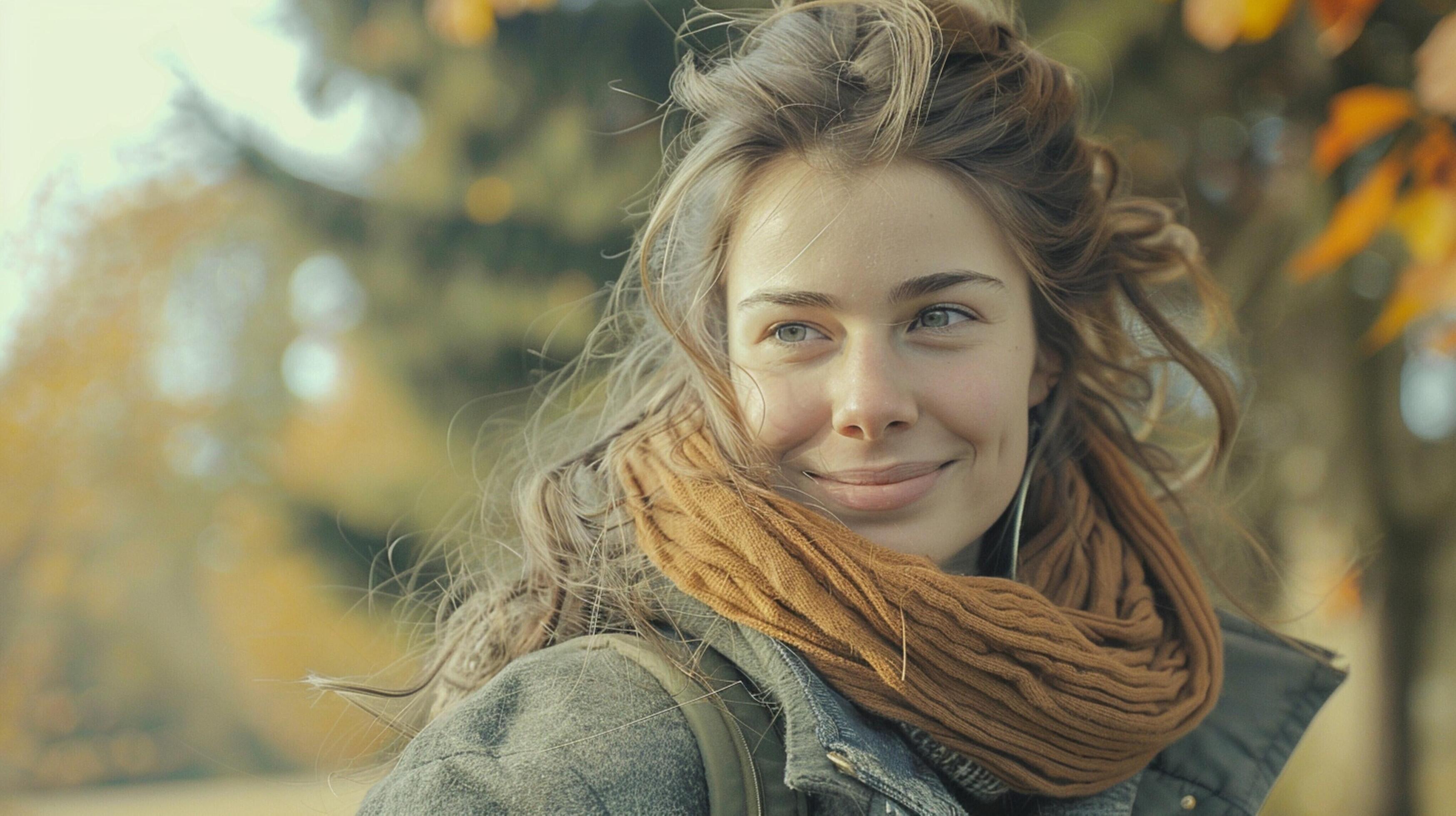 young woman outdoors looking at camera smiling Stock Free