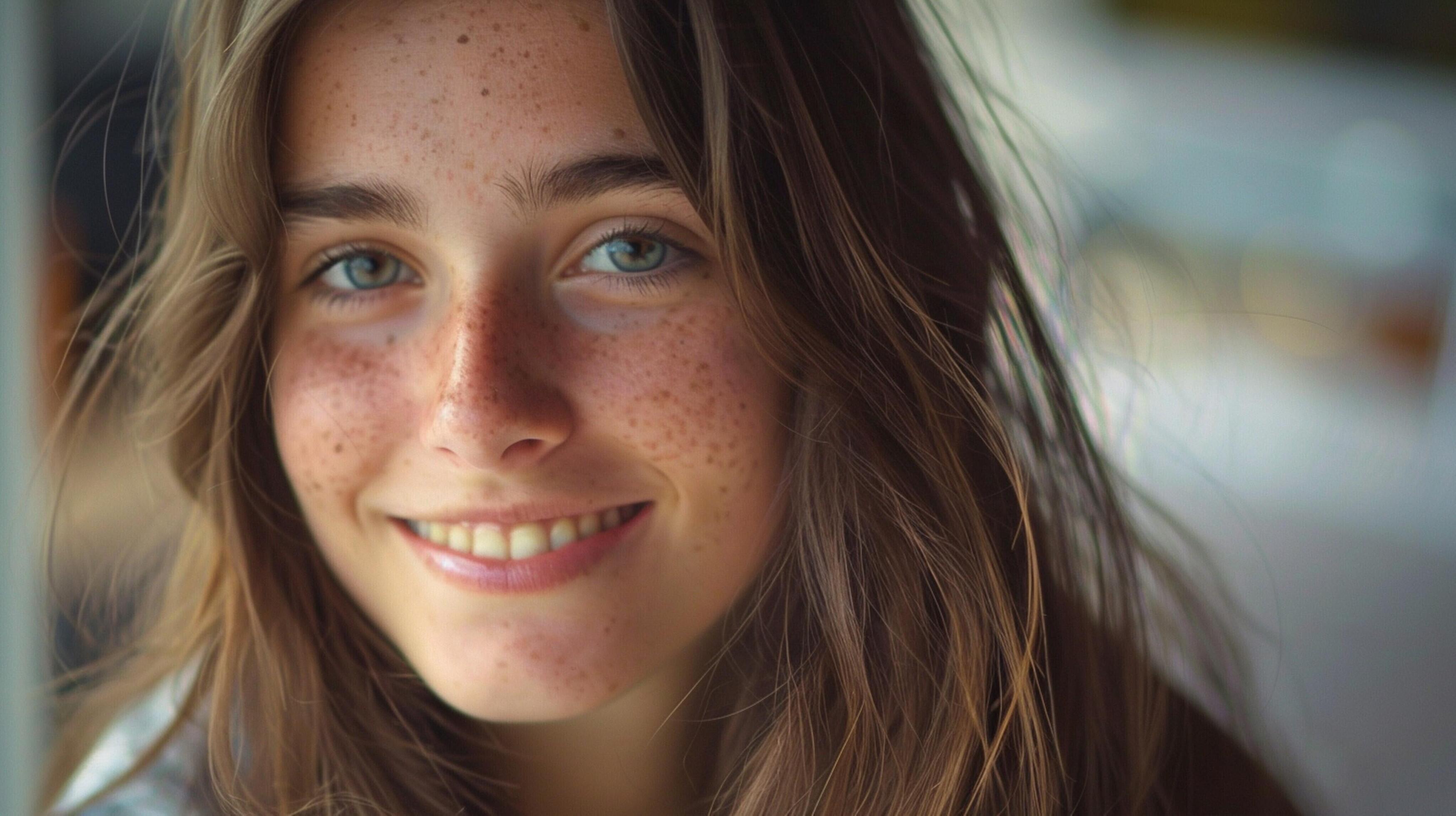 young woman with long brown hair smiling Stock Free