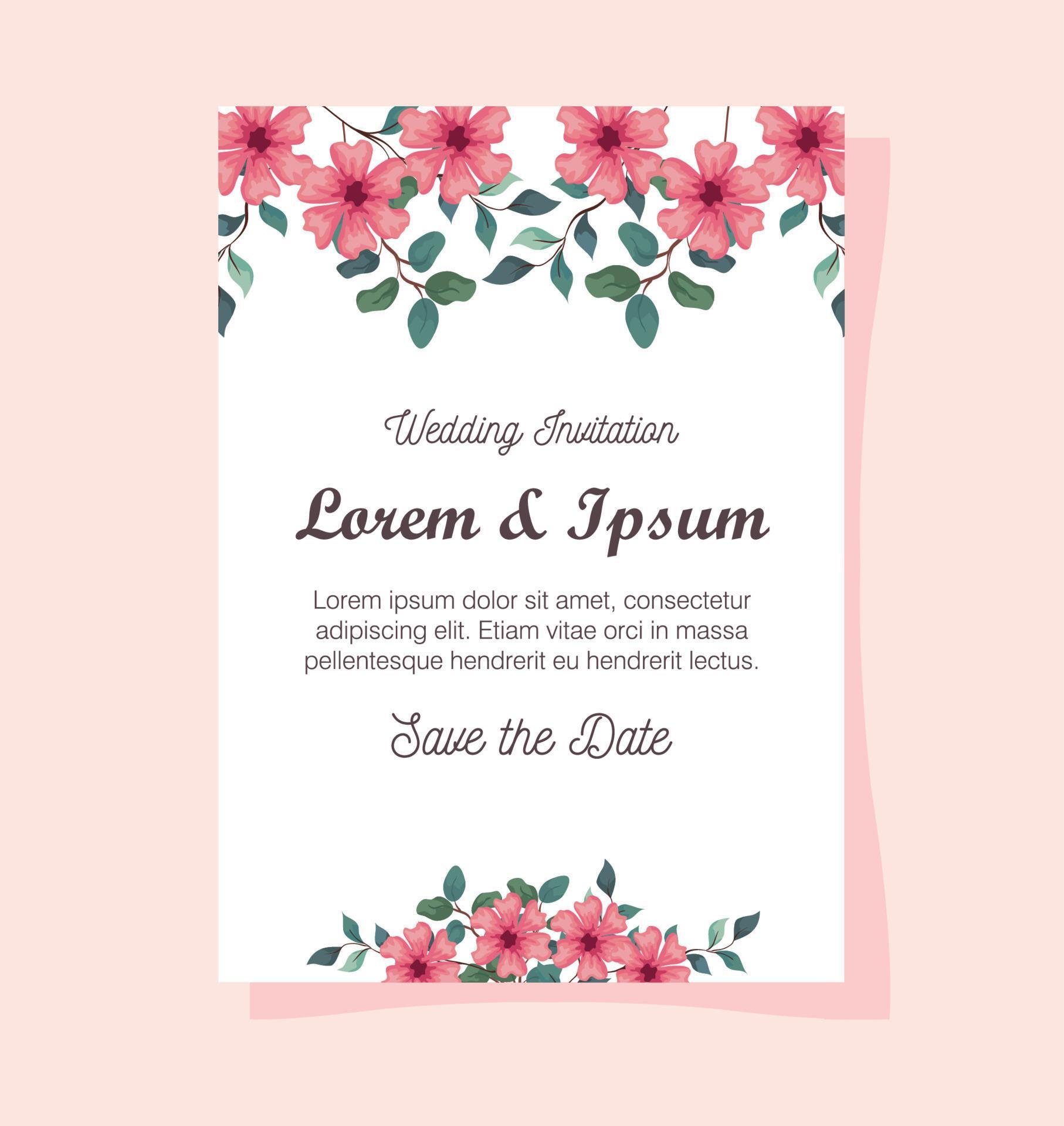 greeting card with flowers pink color, wedding invitation with flowers pink color with branches and leaves decoration Stock Free