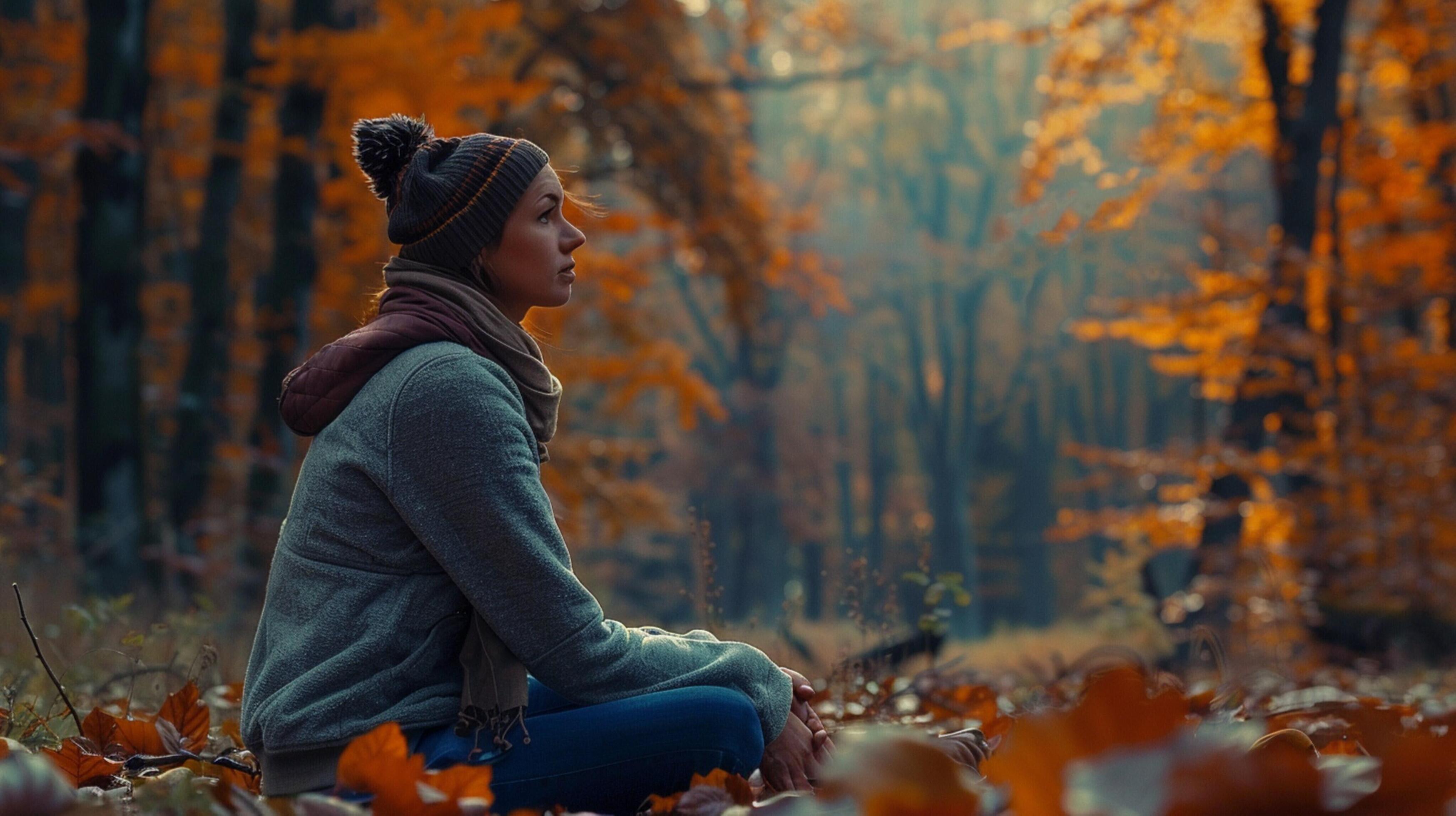 young woman in autumn forest enjoying nature beauty Stock Free