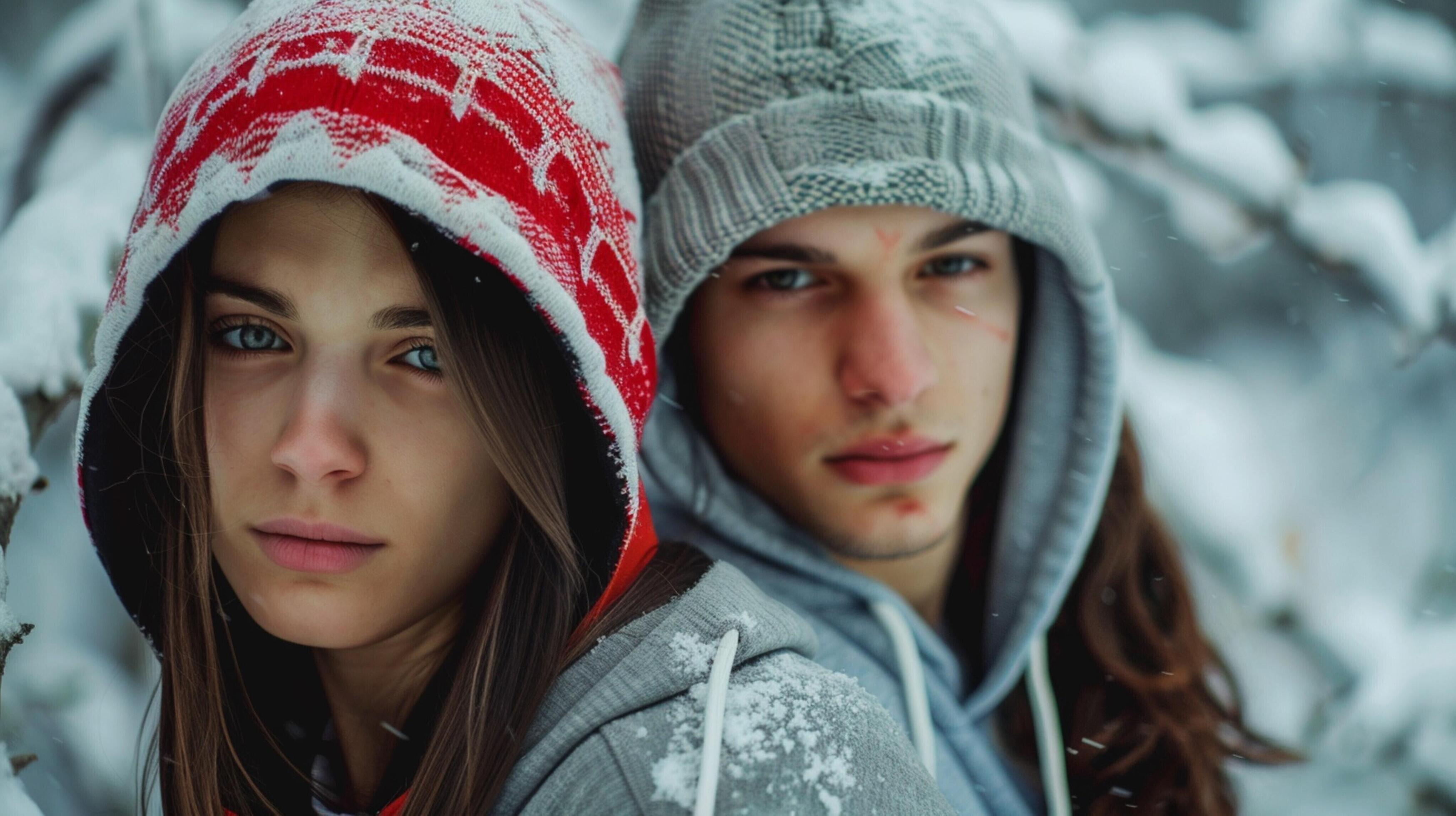 young couple in hooded shirts looking at camera Stock Free