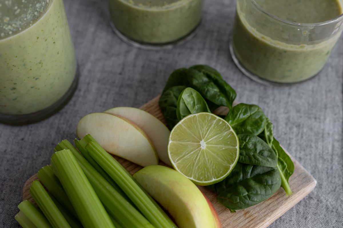 
									Green Smoothie Ingredients On A Linen Tablecloth Stock Free