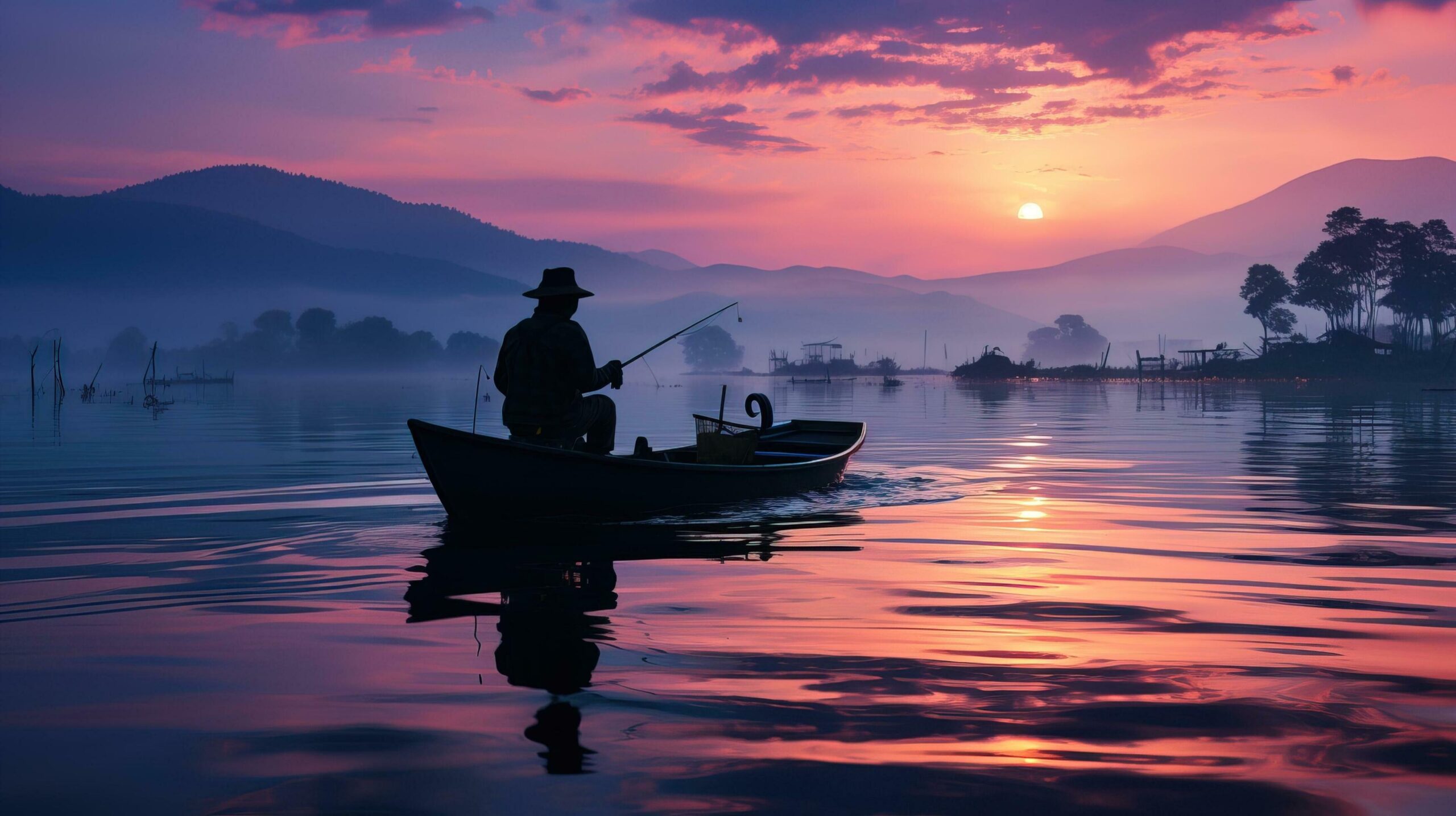 Experienced fisherman casts his fishing rod into calm waters early in the morning. Generative AI Free Photo