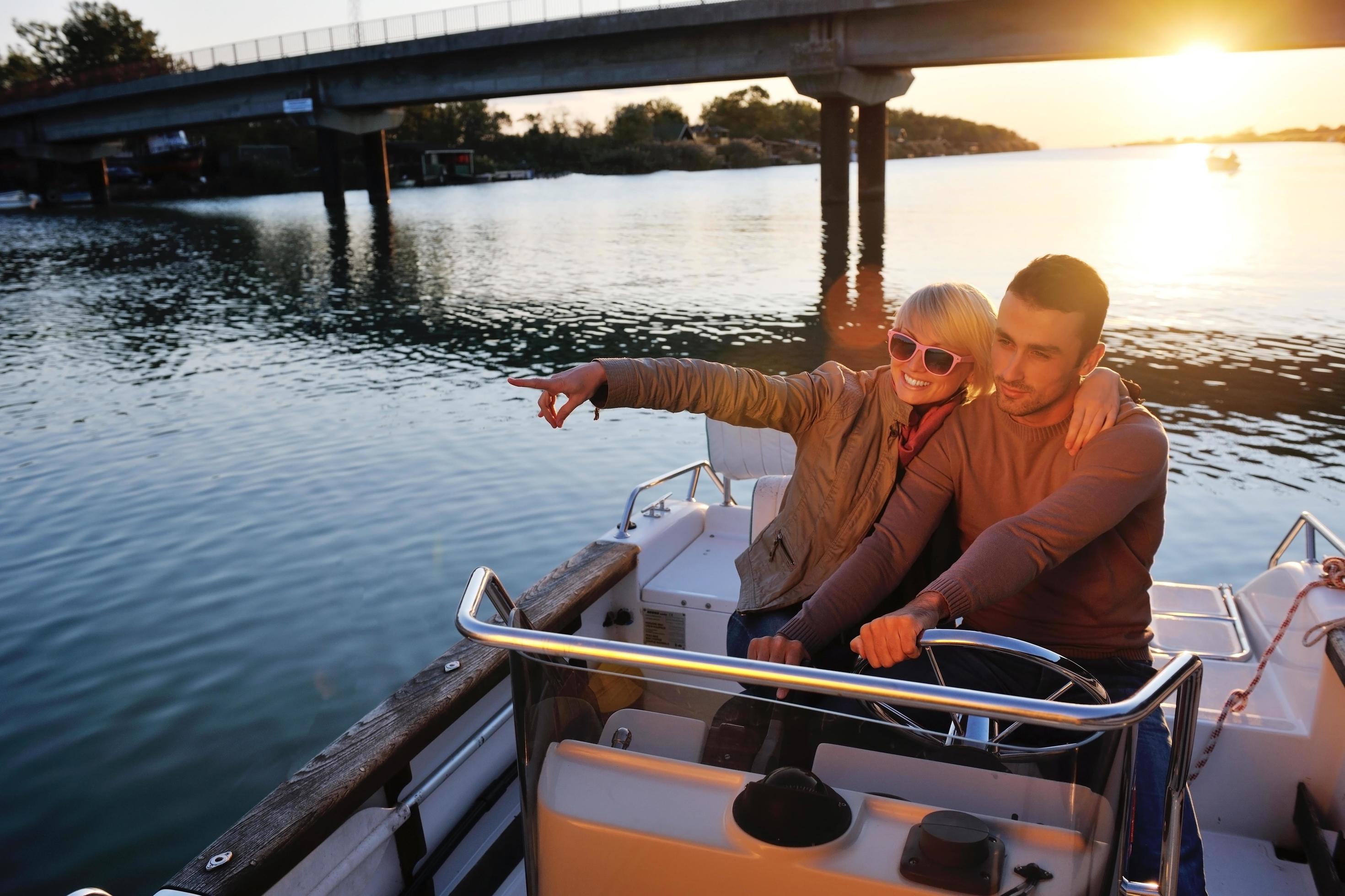 couple in love have romantic time on boat Stock Free