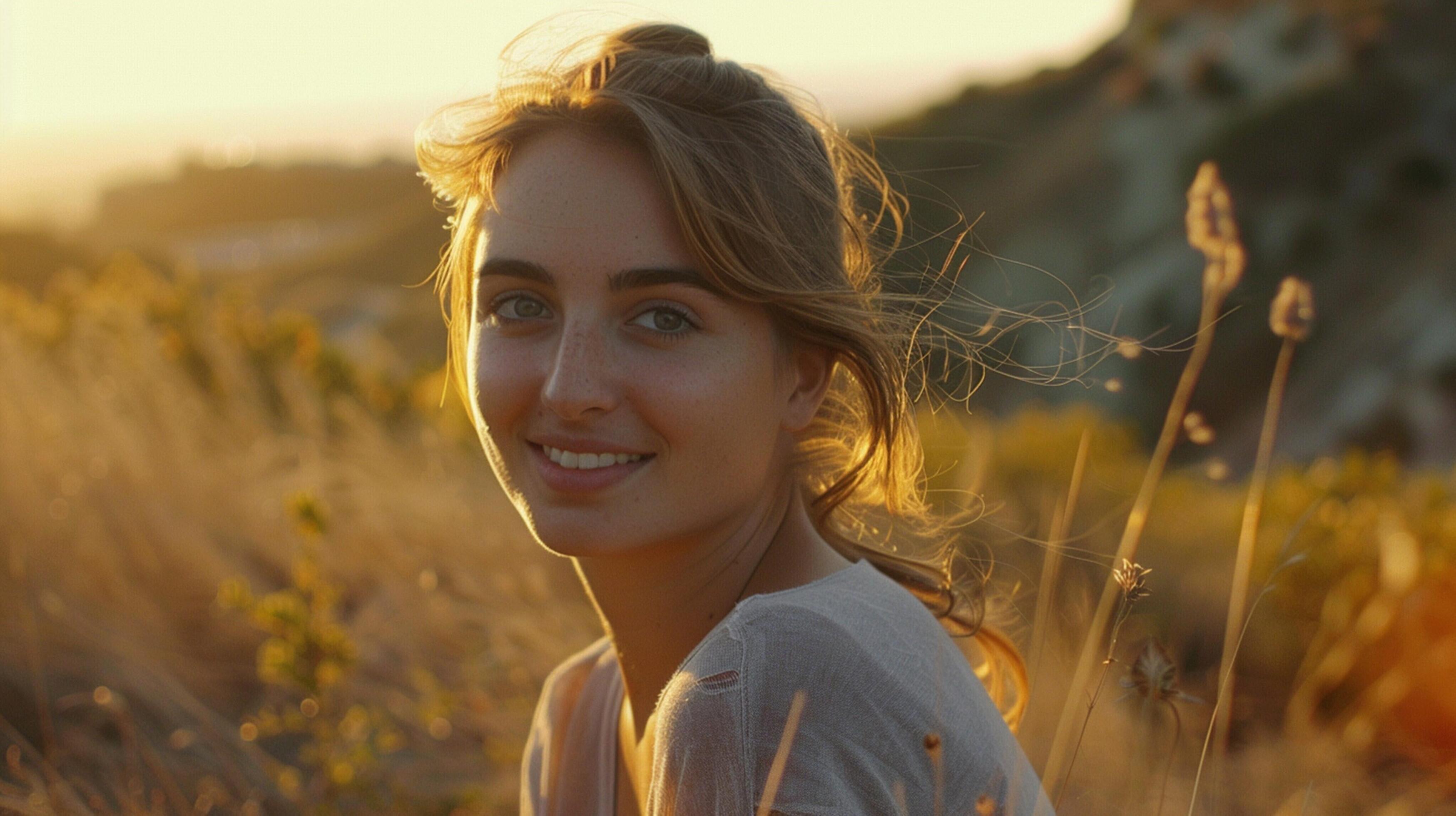 young woman outdoors looking at camera smiling Stock Free