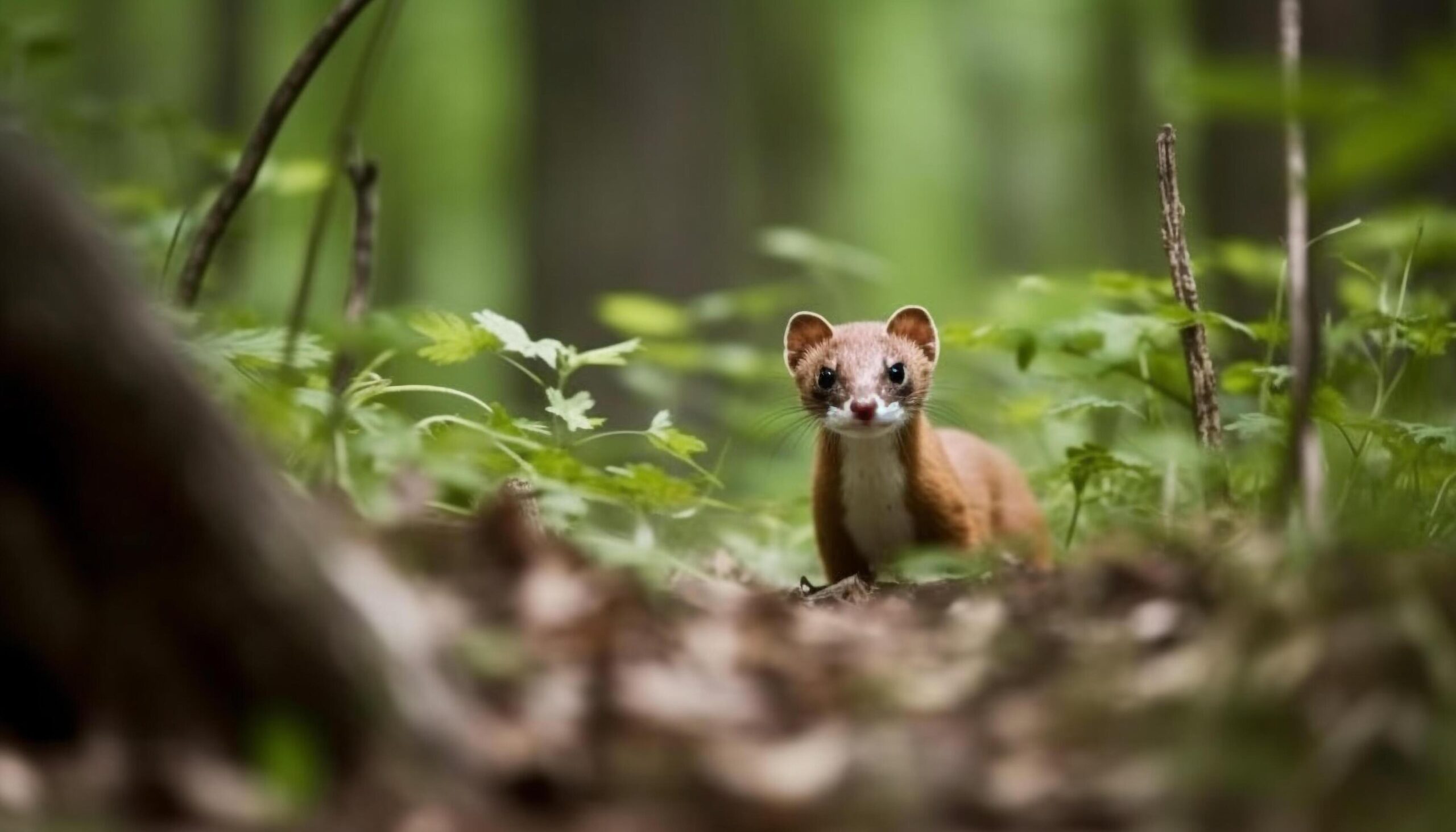 Cute small mammal sitting on branch, staring at camera generated by AI Free Photo