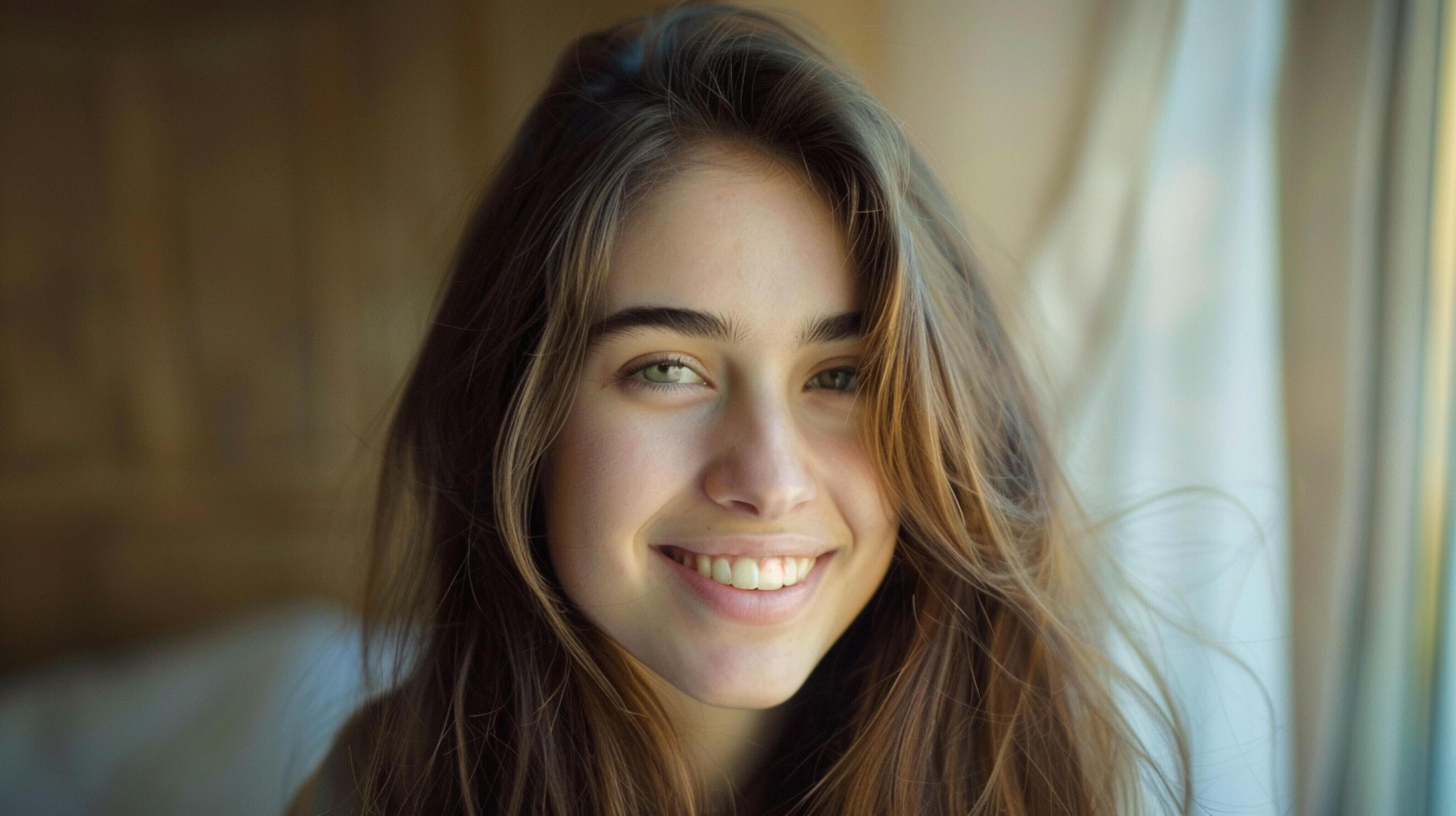 young woman with long brown hair smiling Stock Free