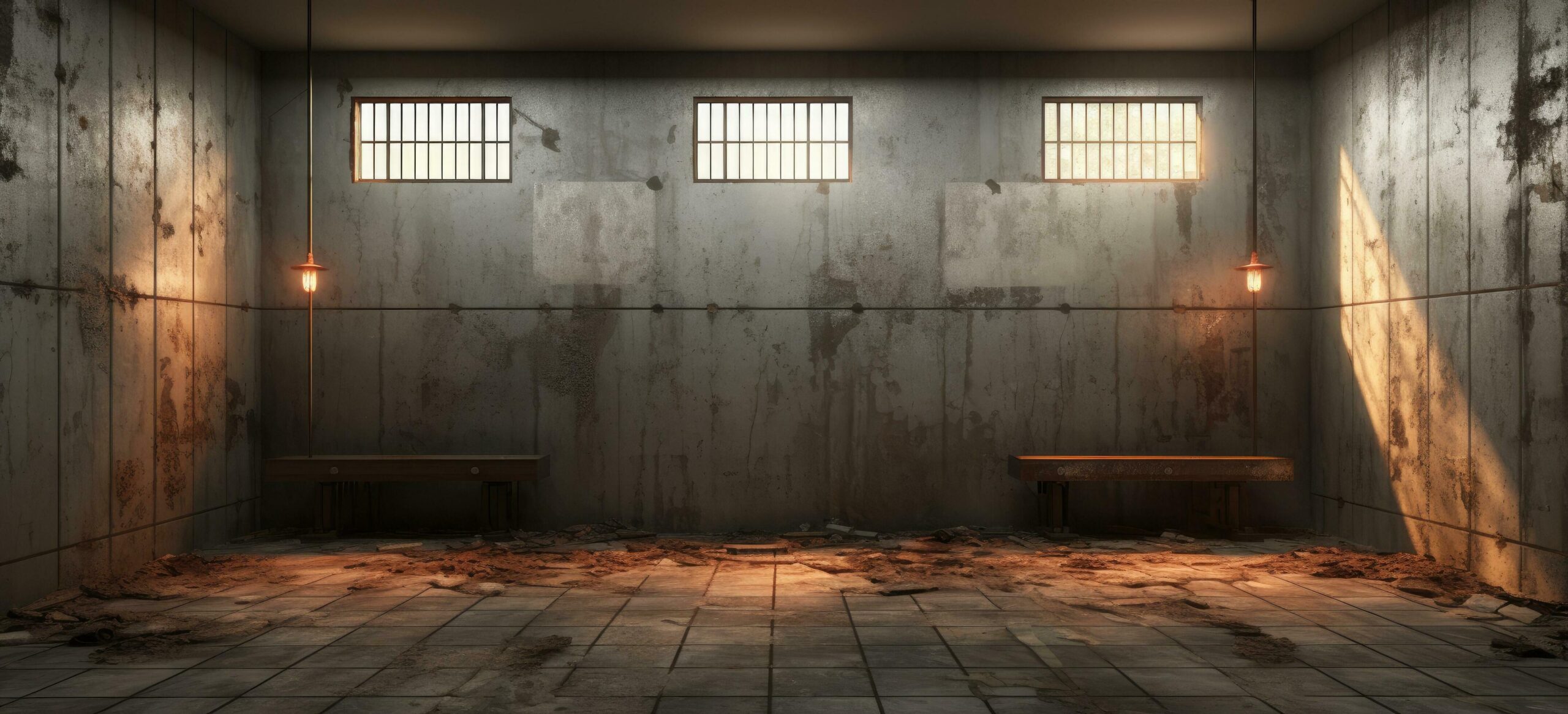 a prison cell with light shining through the windows Free Photo