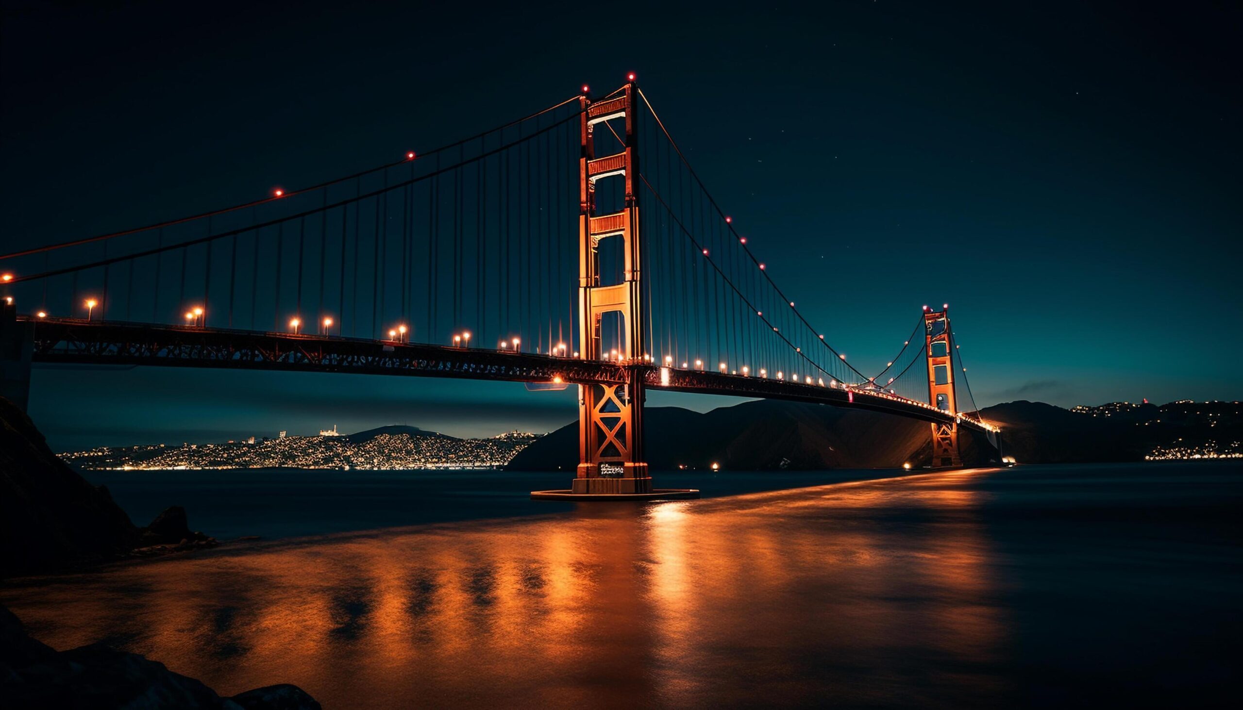 Illuminated suspension bridge reflects beauty in nature generated by AI Free Photo