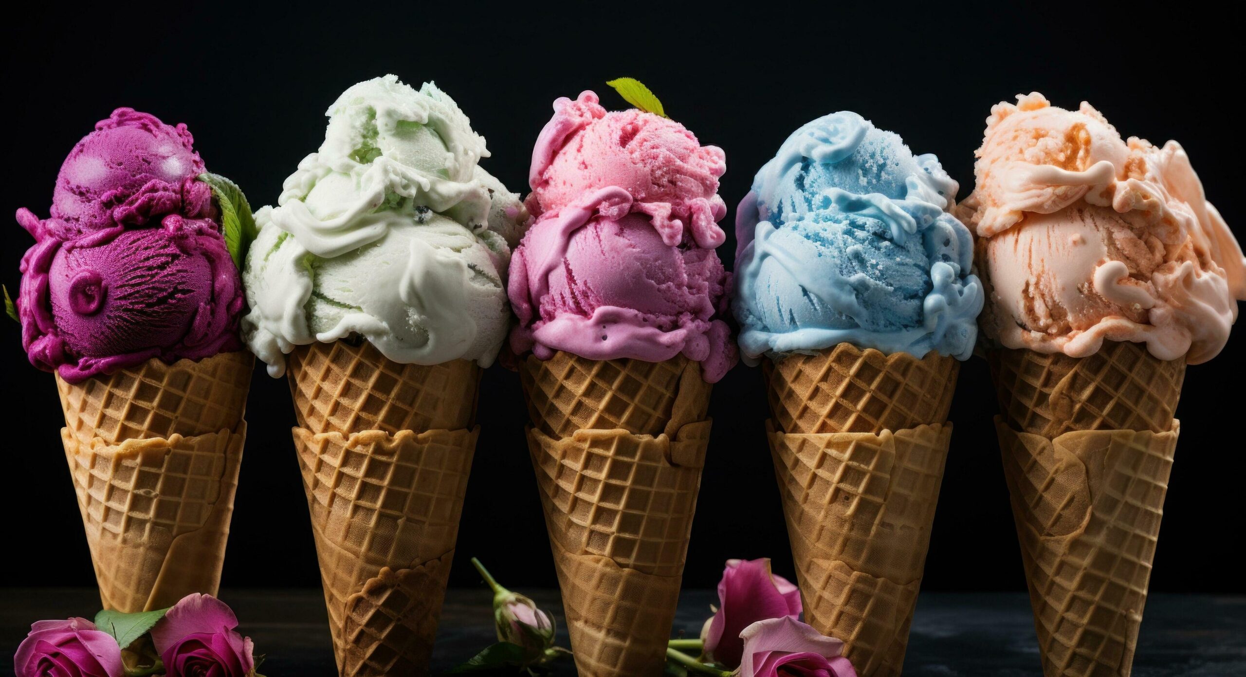 ice cream cones full of different flavors of ice cream in a gray background Free Photo