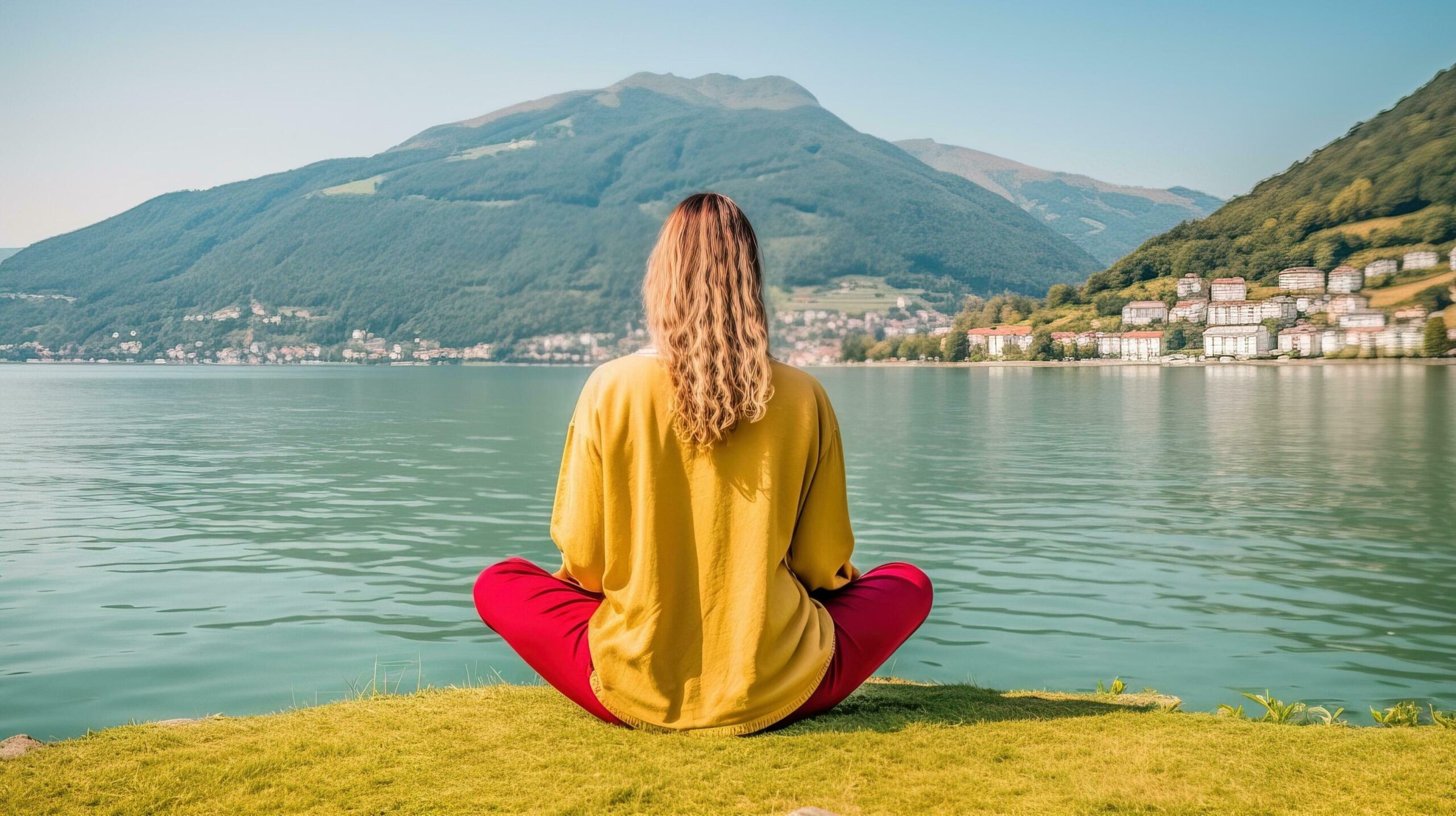 Woman doing a quiet yoga and meditation retreat by the lake. Generative AI Free Photo