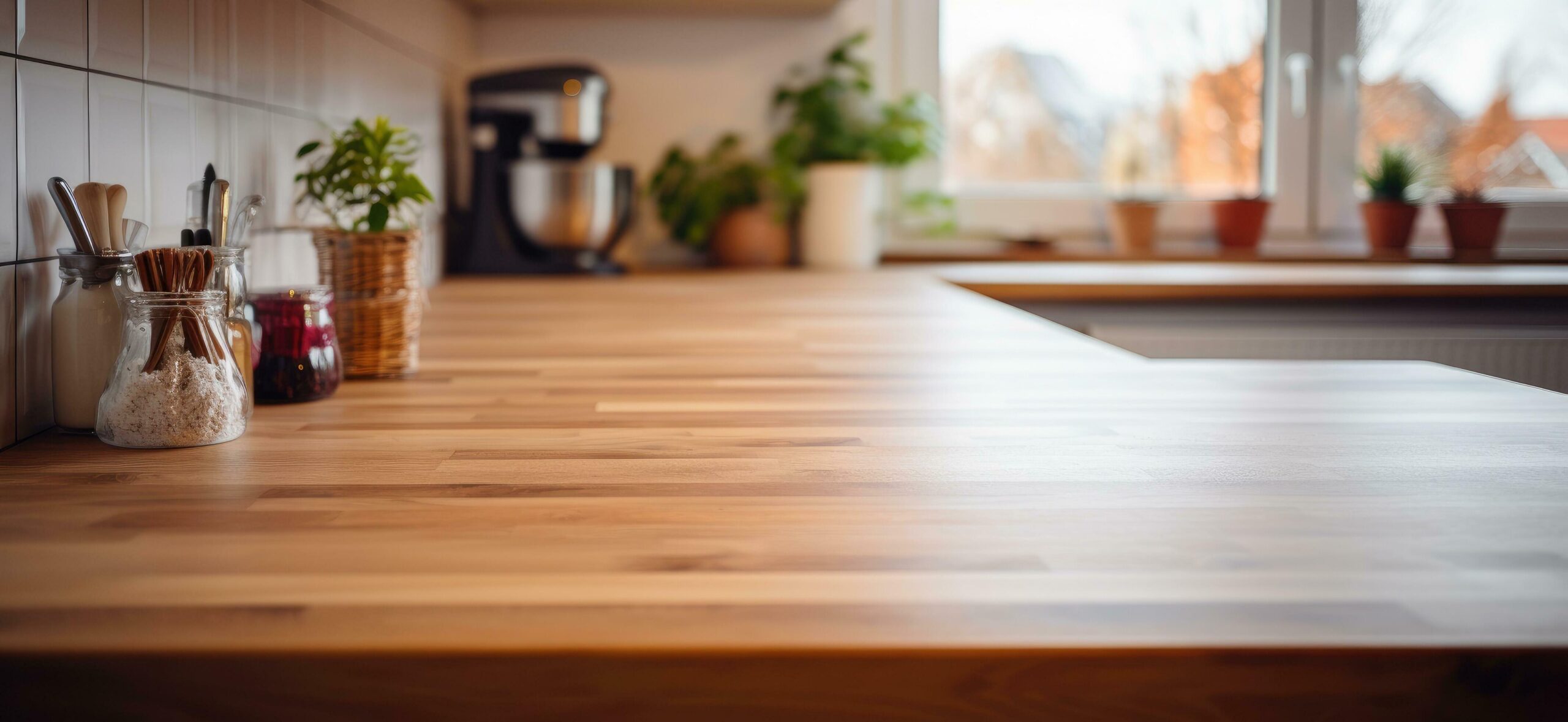 a kitchen with a wooden counter top Free Photo