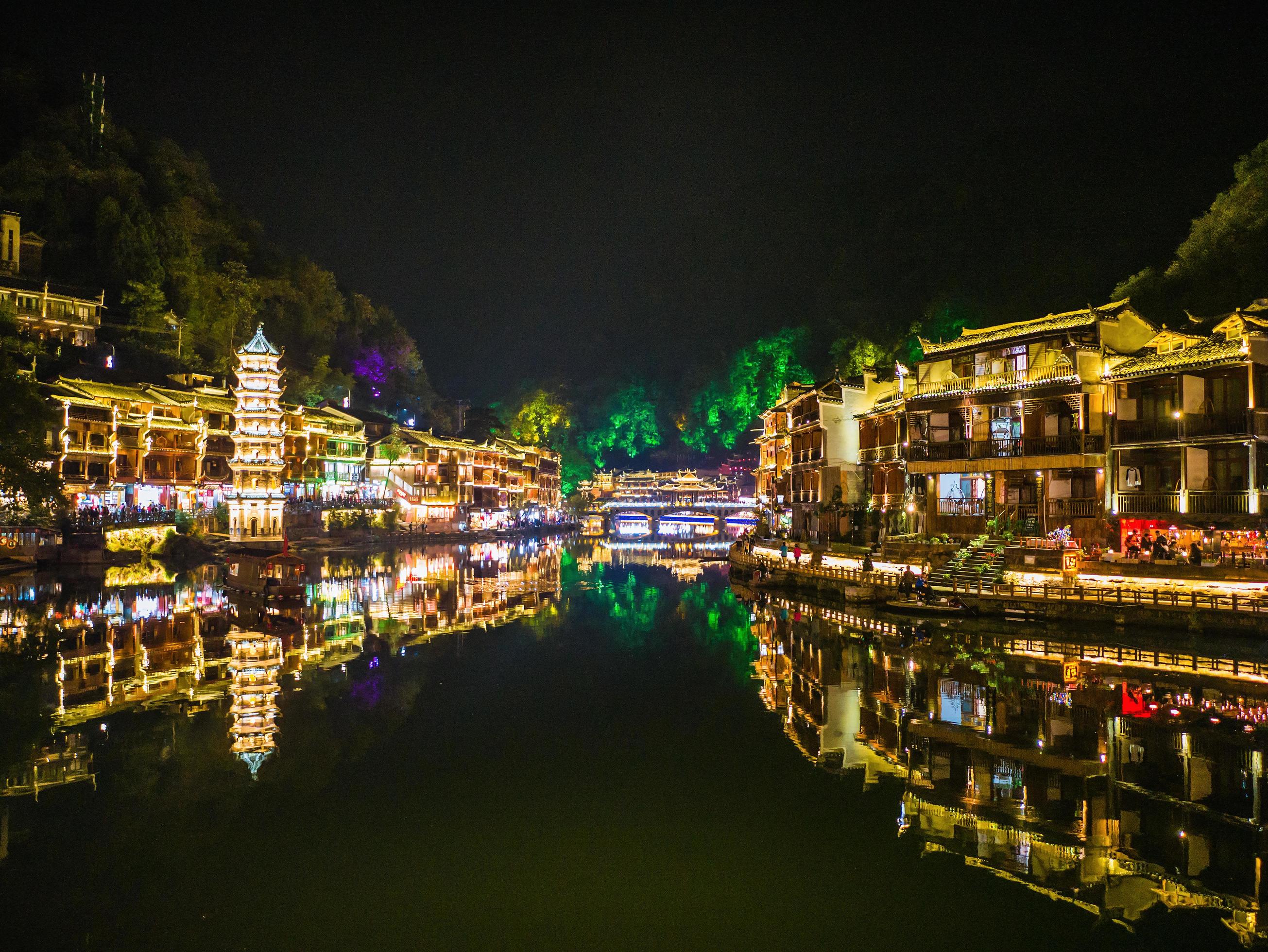 Scenery view in the night of fenghuang old town .phoenix ancient town or Fenghuang County is a county of Hunan Province, China Stock Free