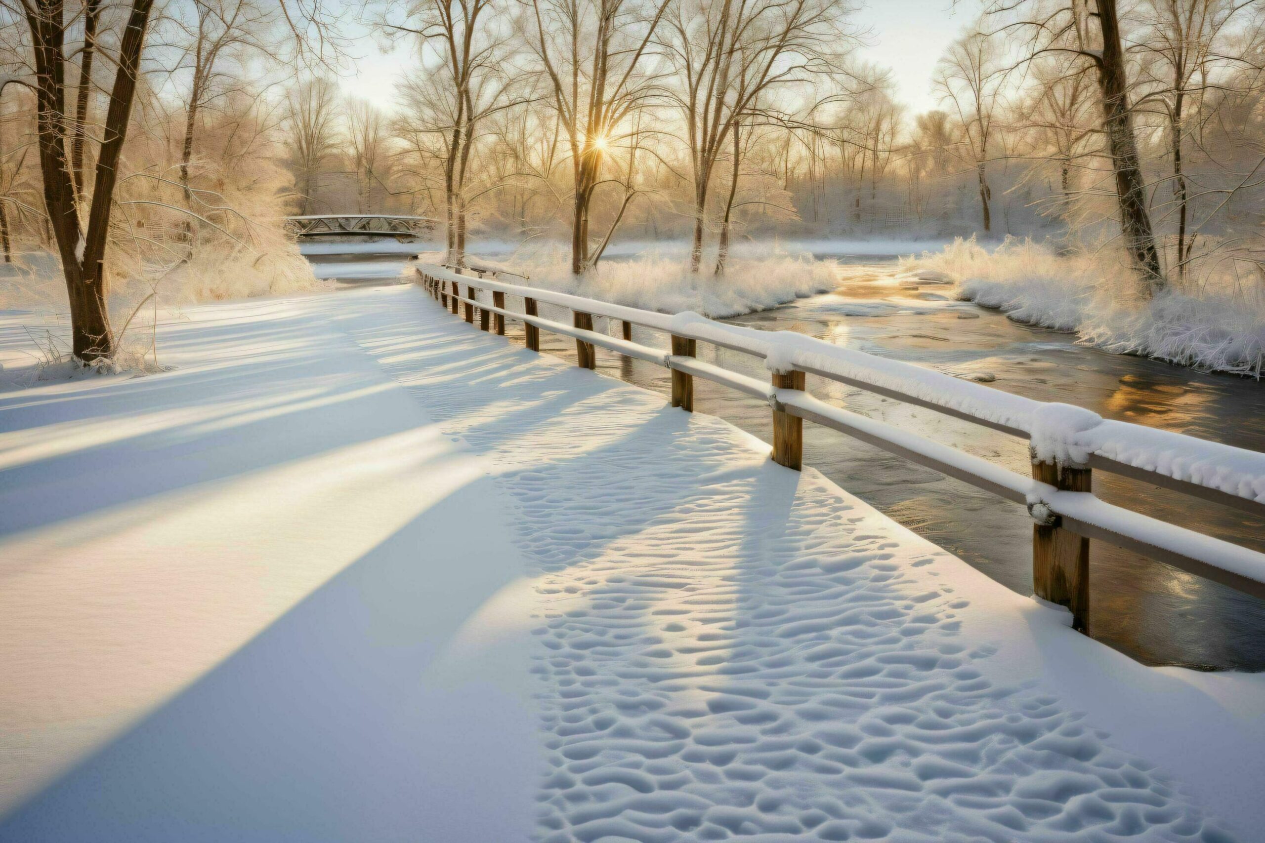 Sunlight Casting Shadows on Snow Covered Bridge Free Photo