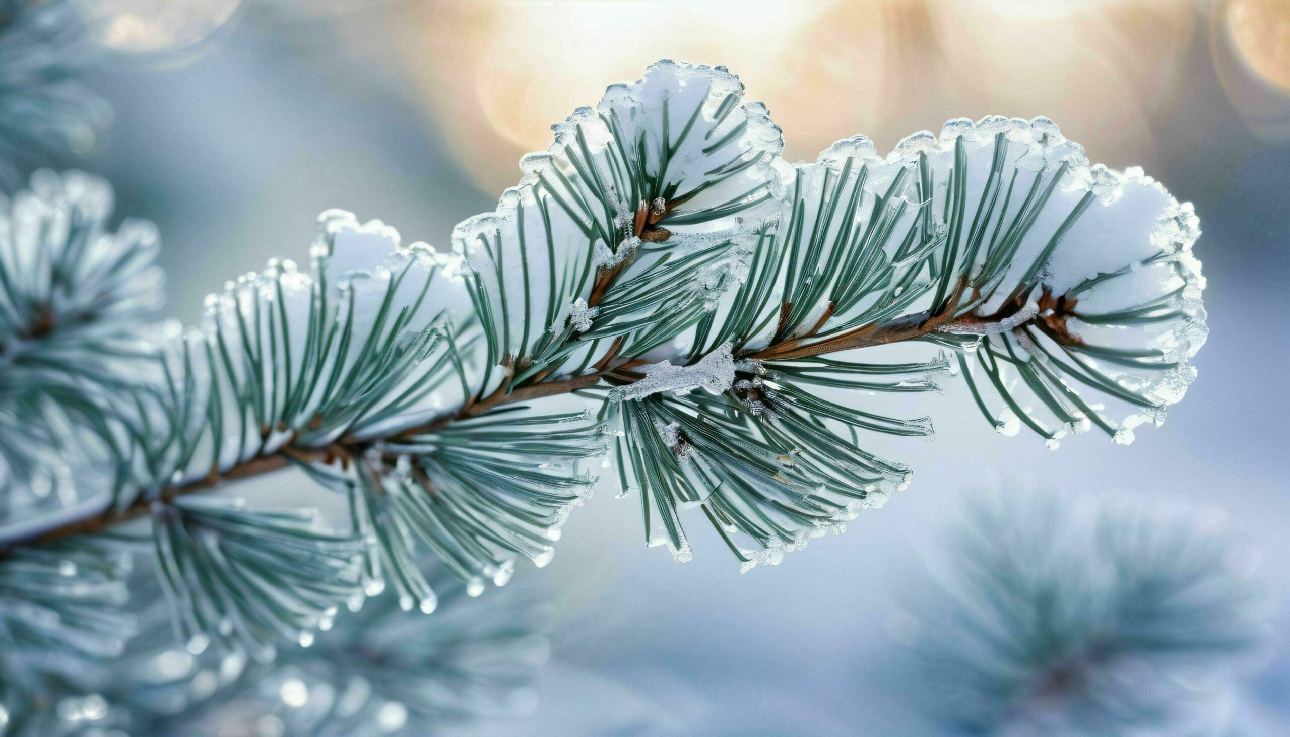 Snow Covered Pine Branch in Sunlight Free Photo