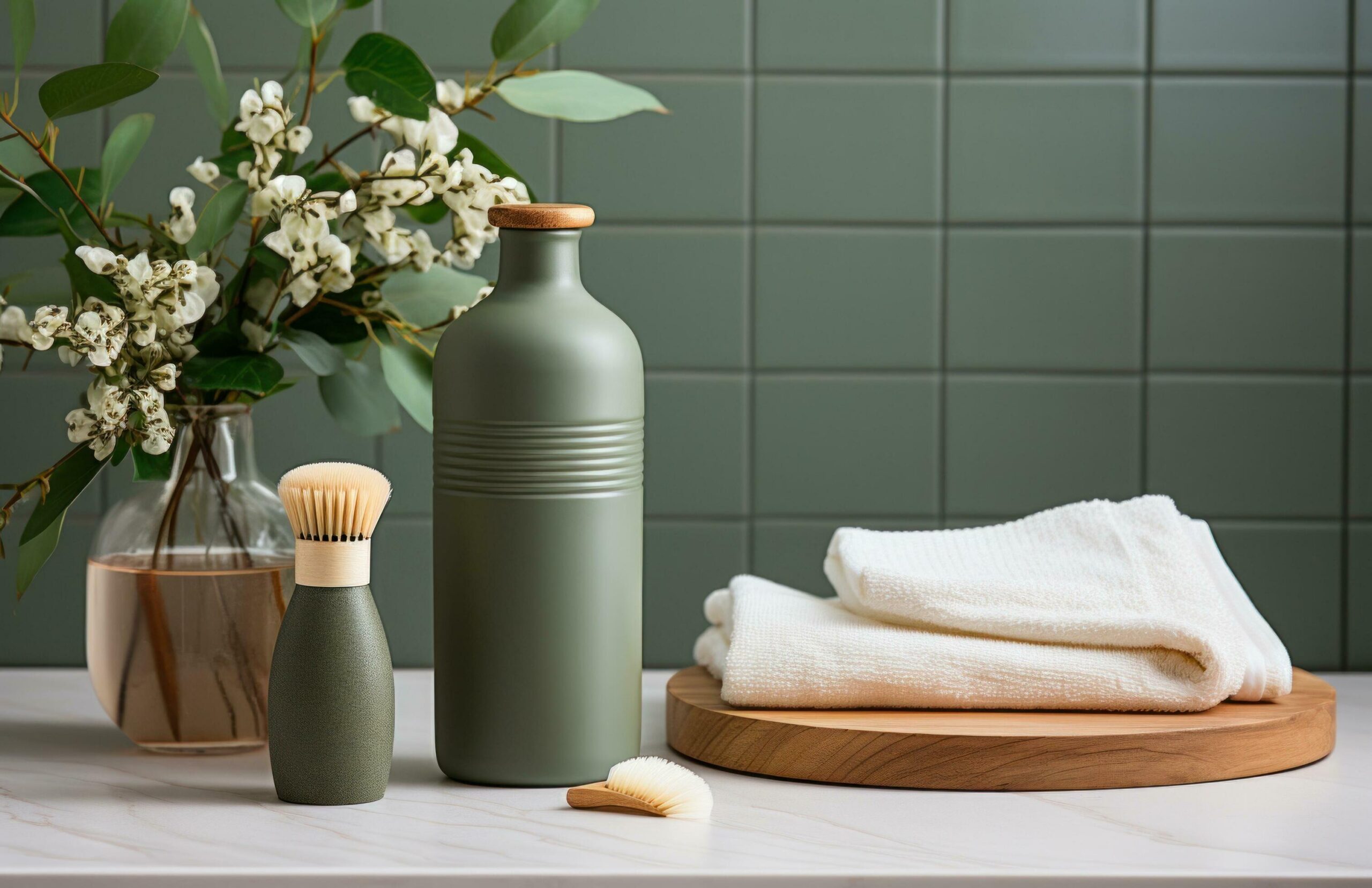 green bottle of shampoo, towel, wooden brushes, and herbs in a white ceramic bathroom Free Photo